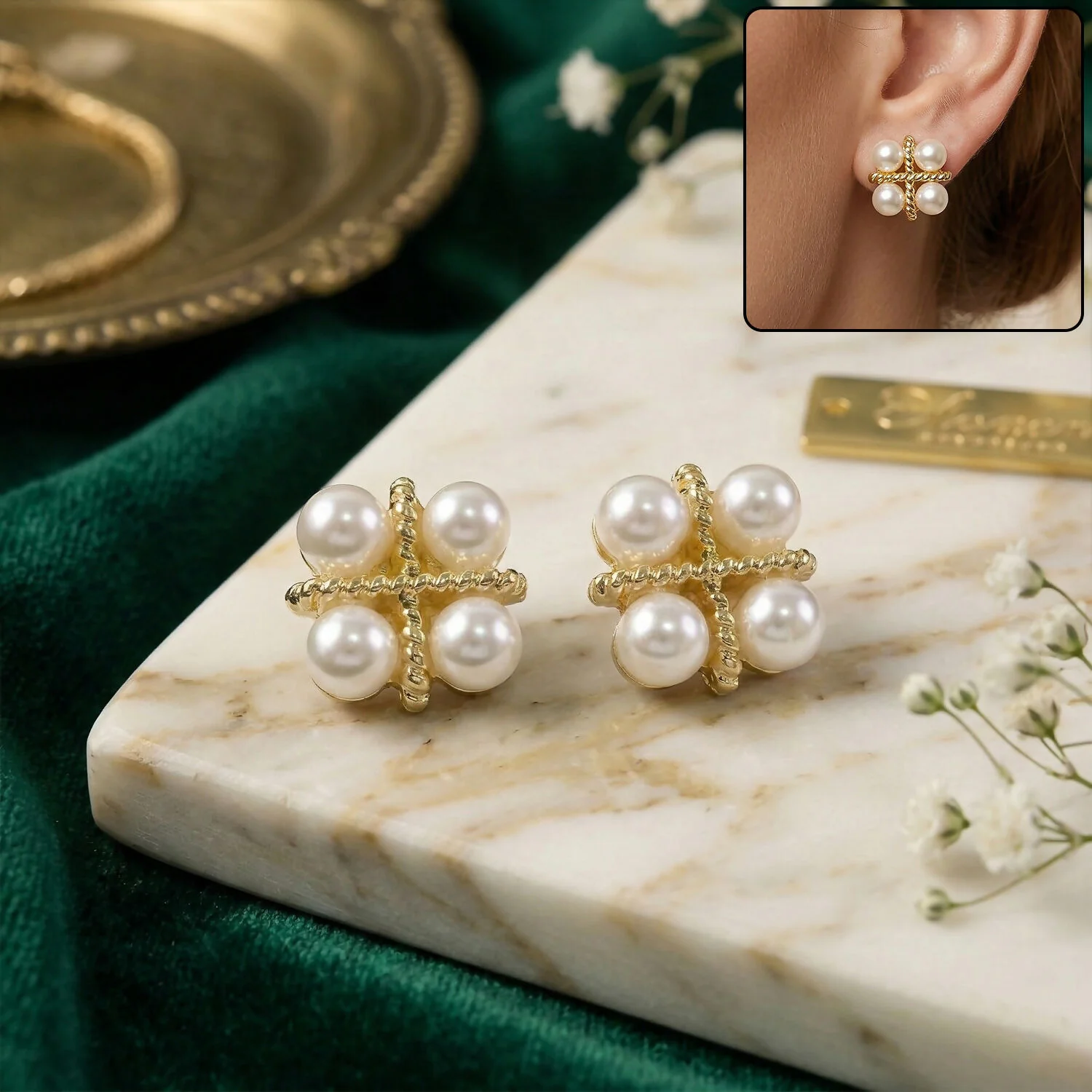 Korean Vintage Pearl Studs – Elegant Gold Design for Women