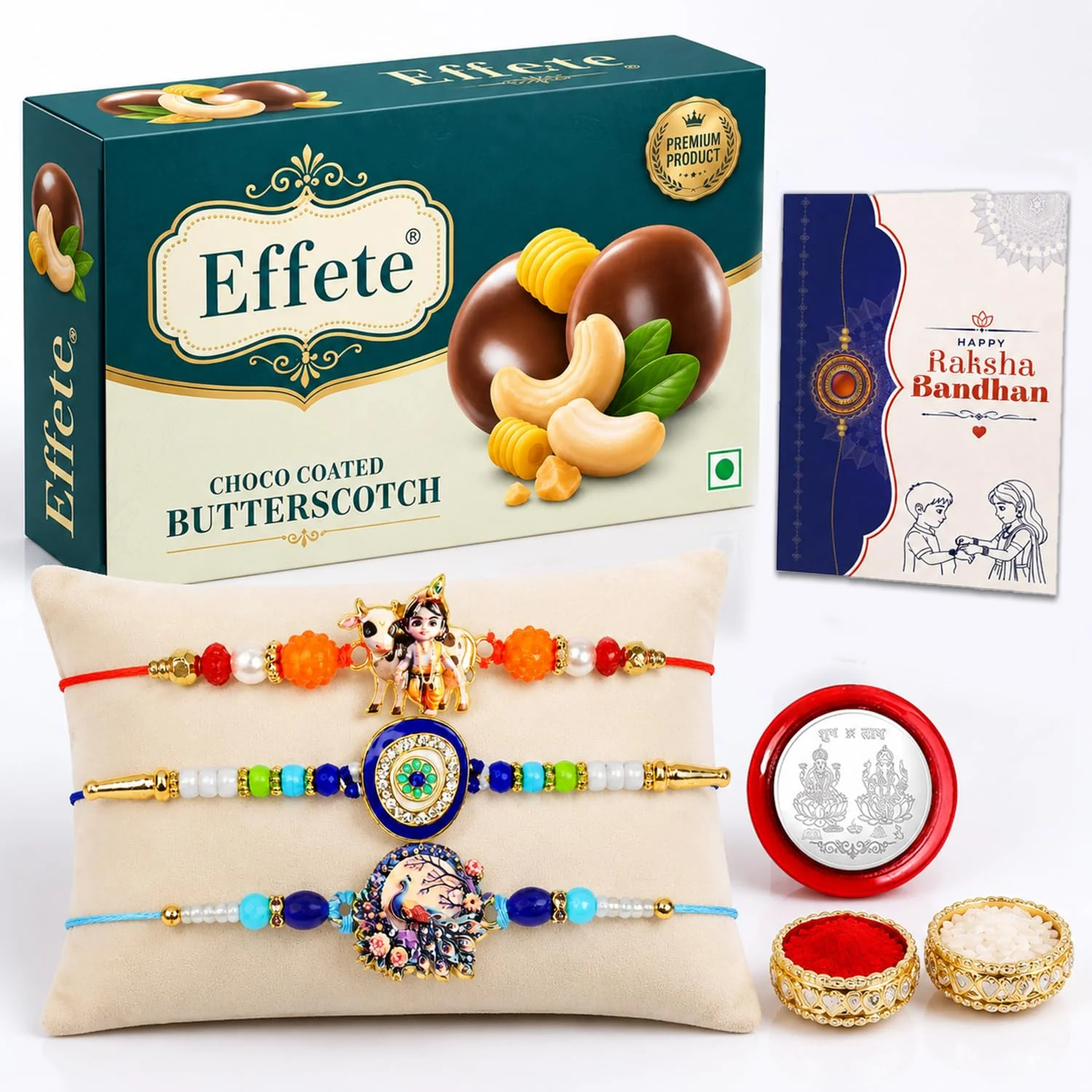 Krishna Cow Rakhi Combo - Raksha Bandhan Gift with Choco Butterscotch 32gm, Pack of 7 - Image 5