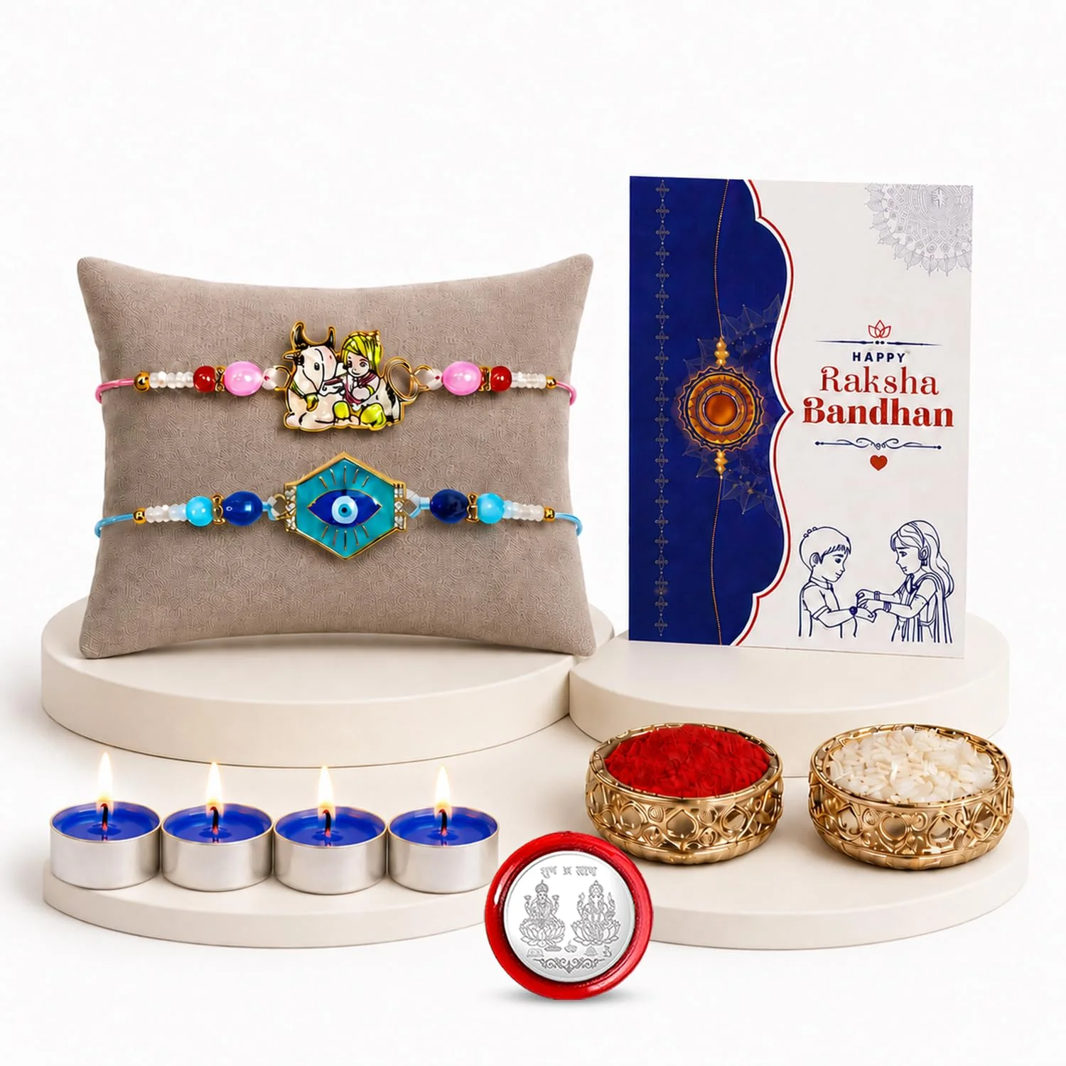 Krishna, Evil Eye Rakhi Combo - Raksha Bandhan Gift with Tealight Candles 4pcs, Pack of 6 - Image 4