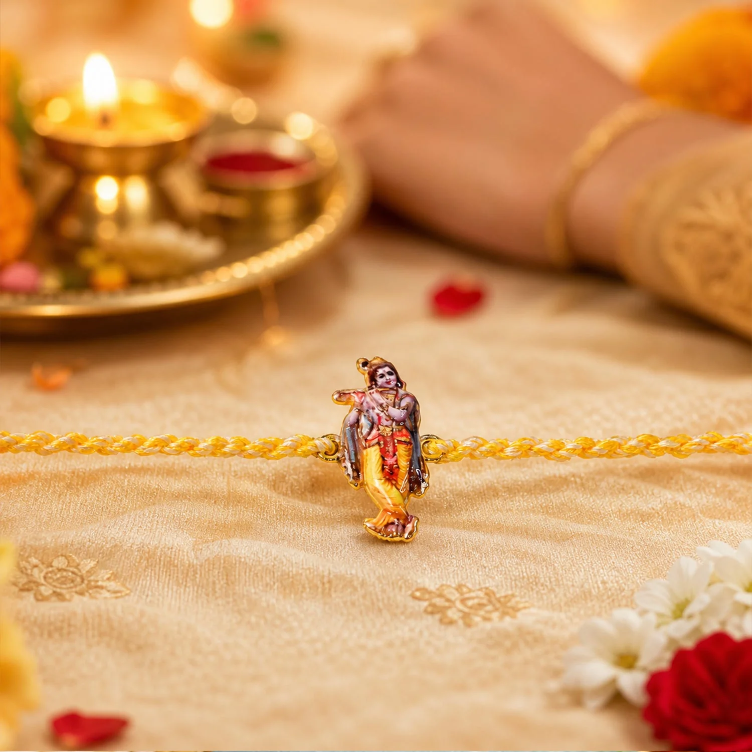 Krishna Flute Charm Rakhi – Stylish & Lightweight Dori Design - Image 2