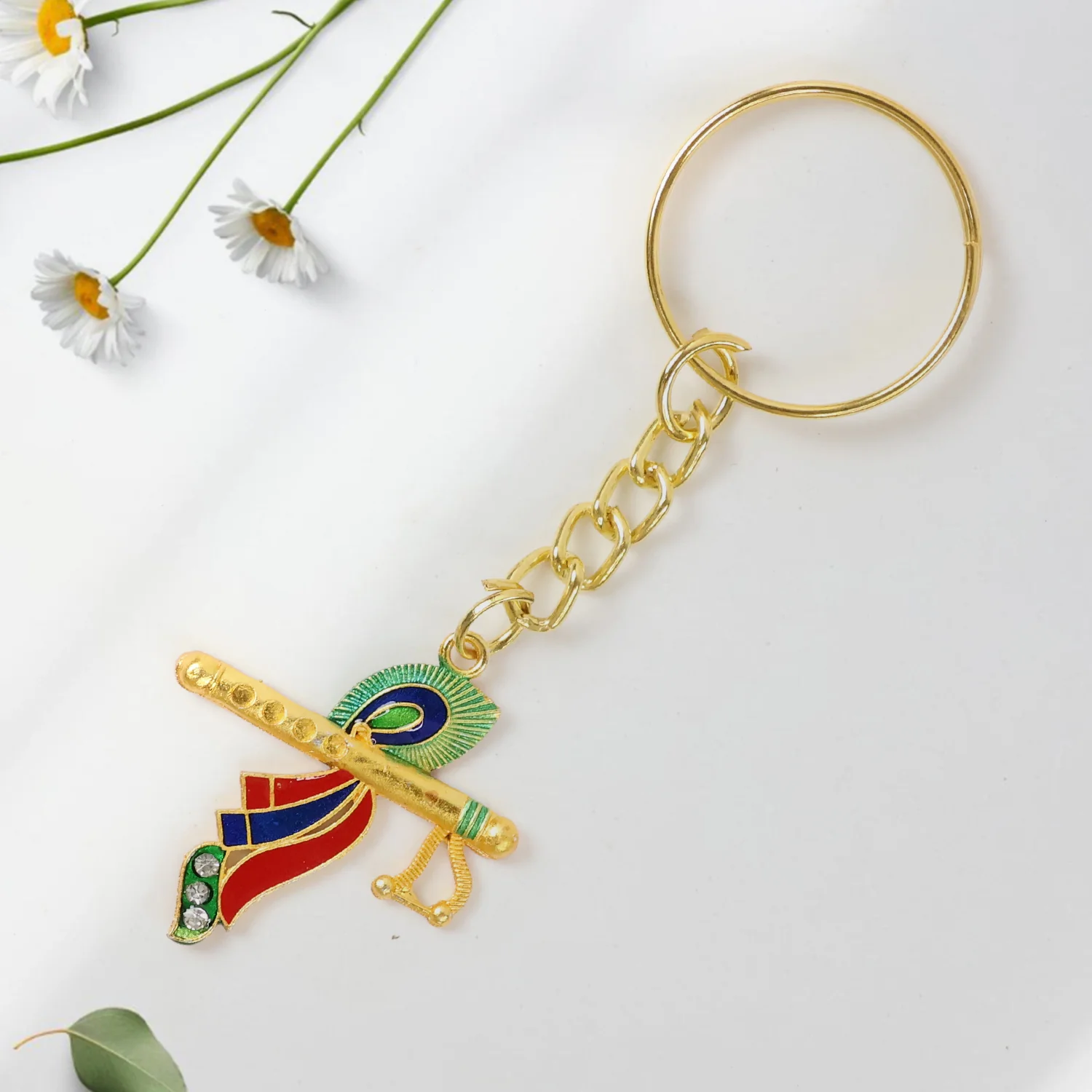 Krishna Flute Keychain – Durable Metal with Peacock Feather Design - Image 6