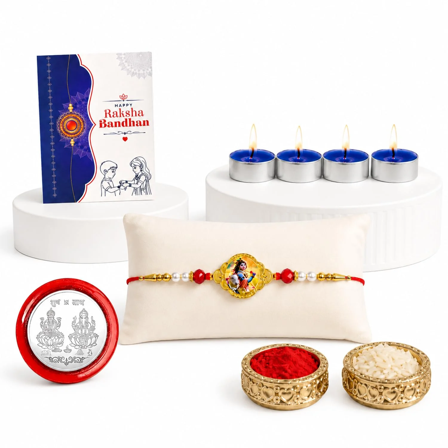 Krishna Rakhi Combo - Raksha Bandhan Gift with Tealight Candles 4pcs, Pack of 5 for Bhaiya - Image 3