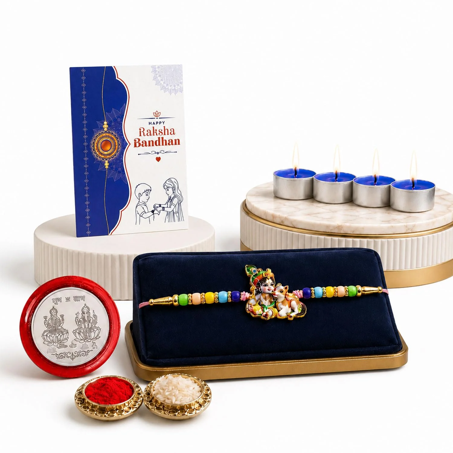 Krishna Rakhi Combo - Raksha Bandhan Gift with Tealight Candles 4pcs, Pack of 5 for Bhaiya - Image 3