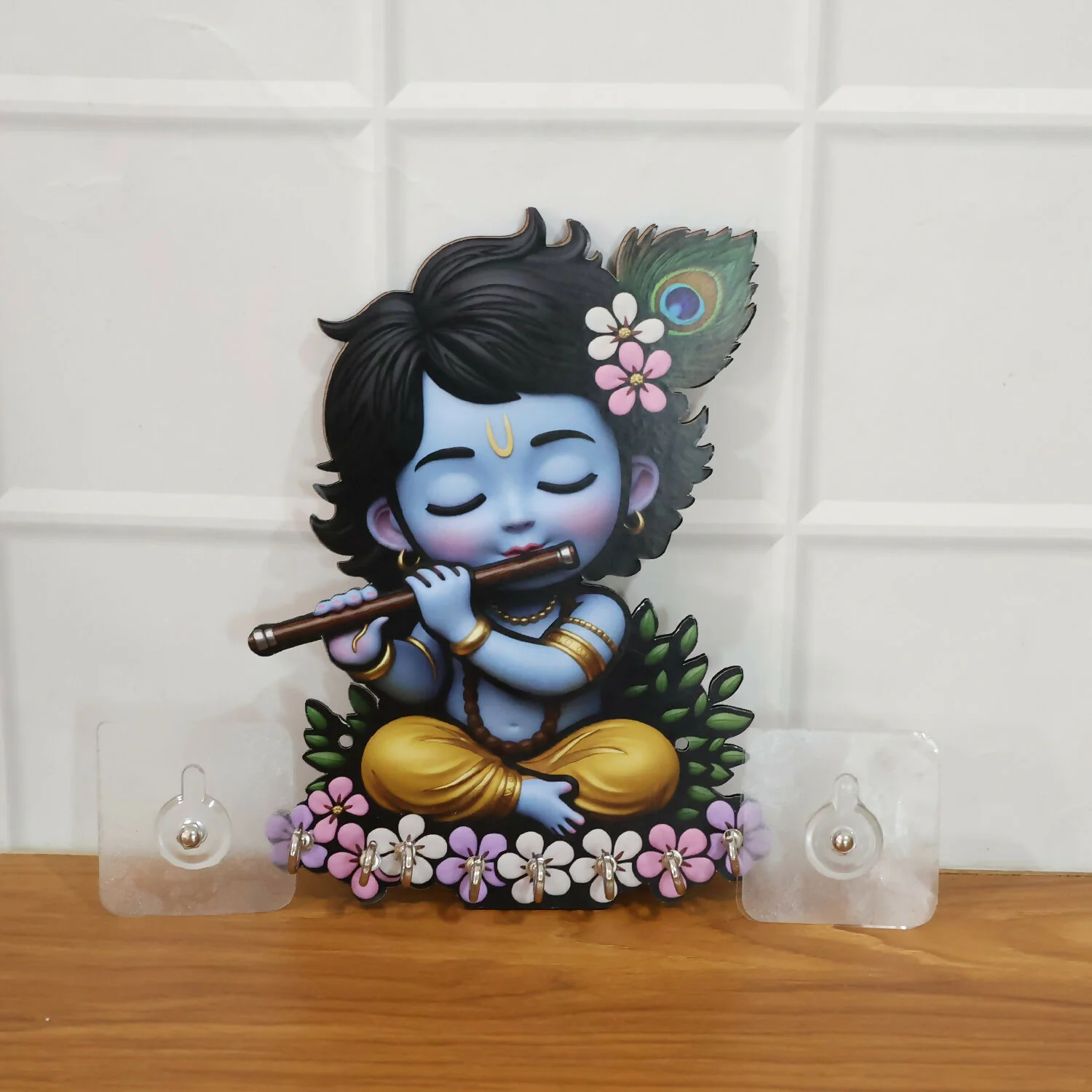 Krishna Wooden Wall Key Holder – Self-Adhesive 6 Hooks for Organized Entryway - Image 7