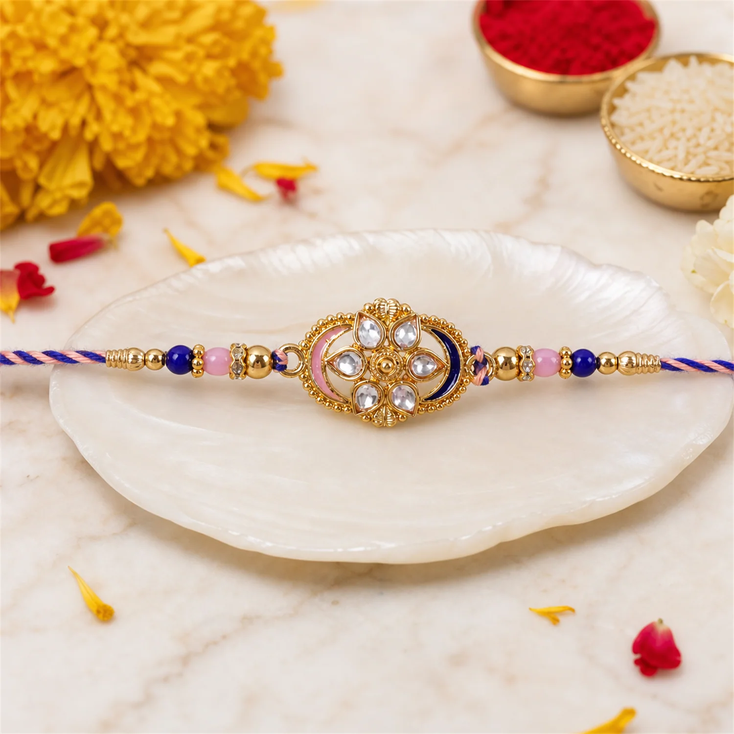 Kundan Floral Beaded Rakhi – Stylish Lightweight Thread for Brother - Image 4