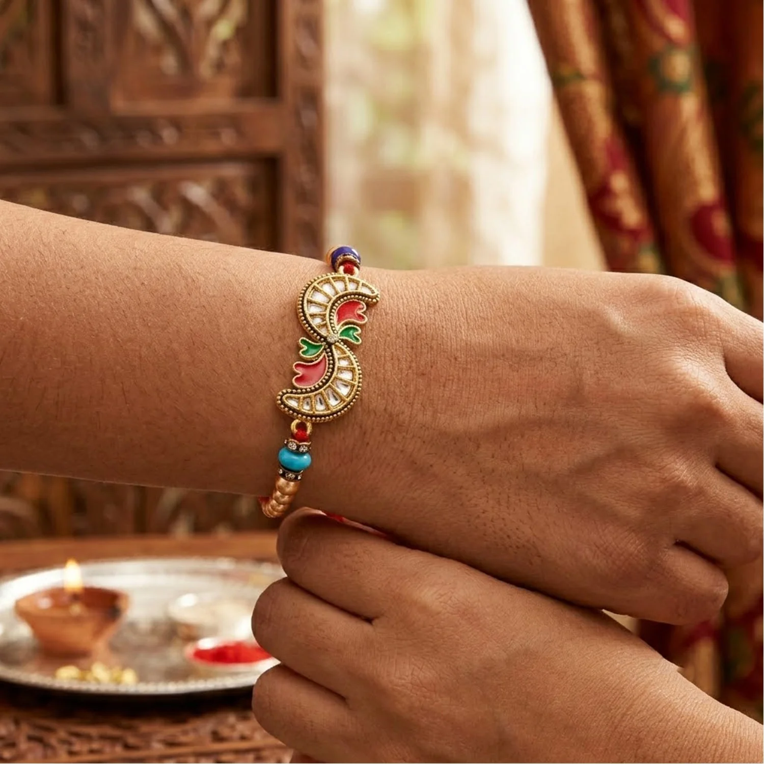 Kundan Meenakari Rakhi for Brother with Pearl Beads - Image 2