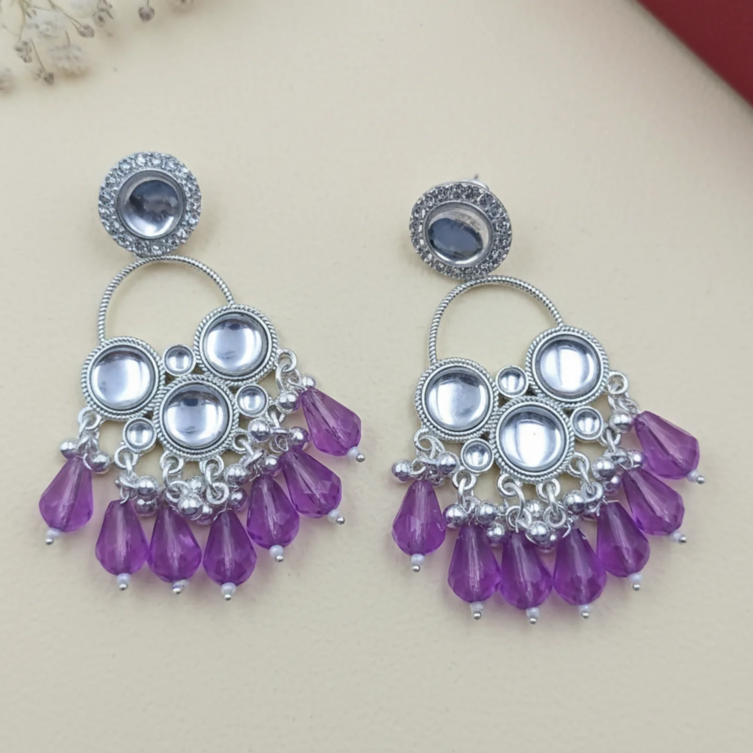 Kundan Silver Plated Chandbali Earrings – Elegant Purple Pearls - Image 2
