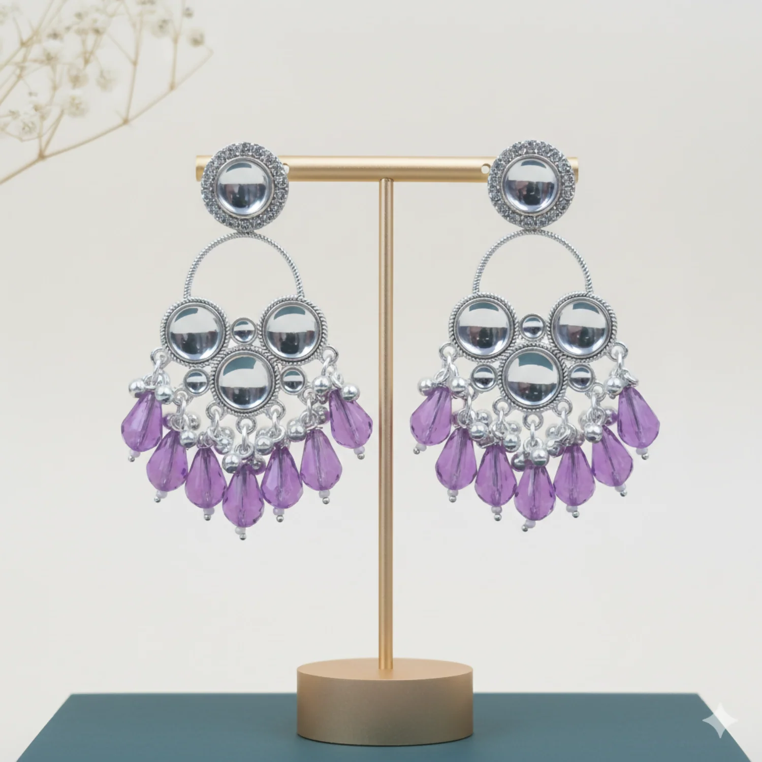 Kundan Silver Plated Chandbali Earrings – Elegant Purple Pearls - Image 3