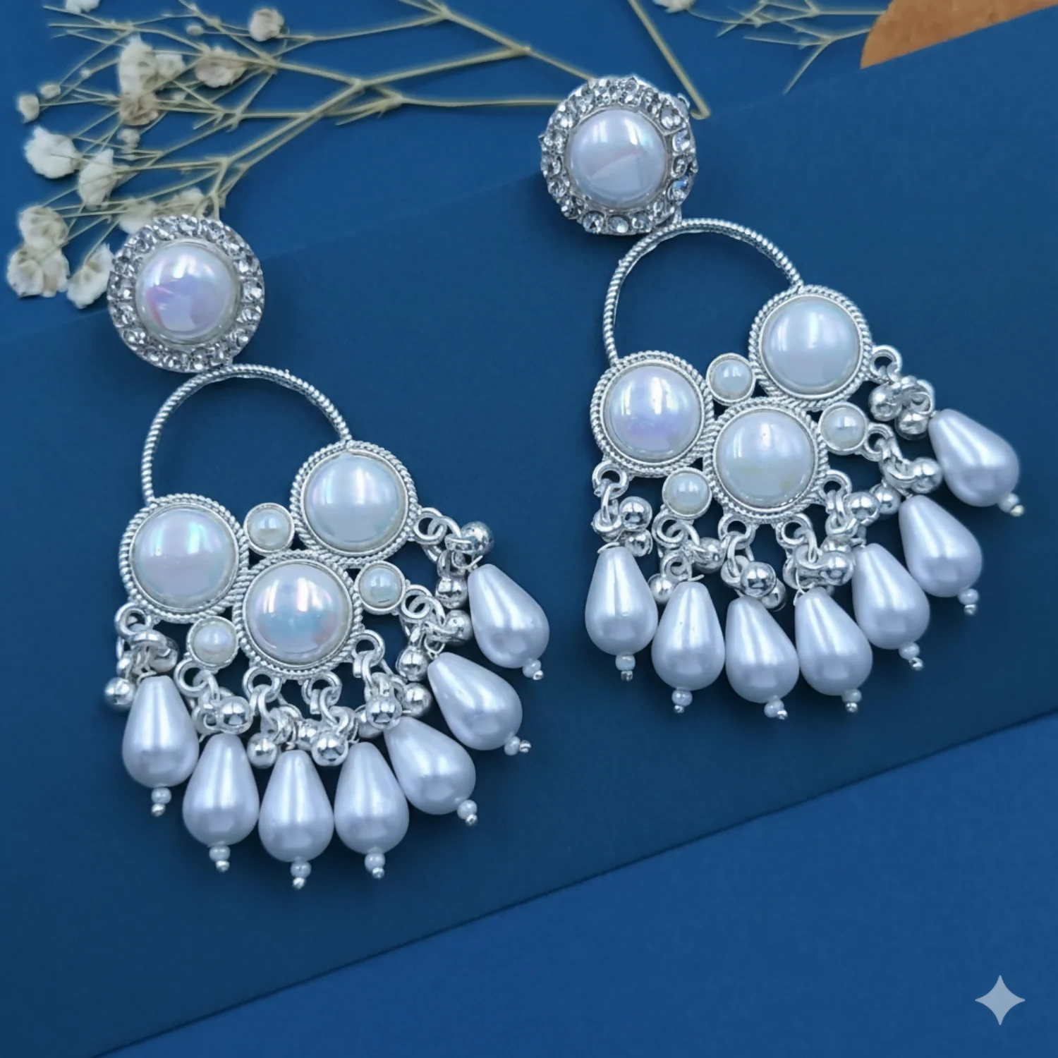 Kundan Pearl Chandbali Earrings – Elegant Silver-Plated Design - Image 3