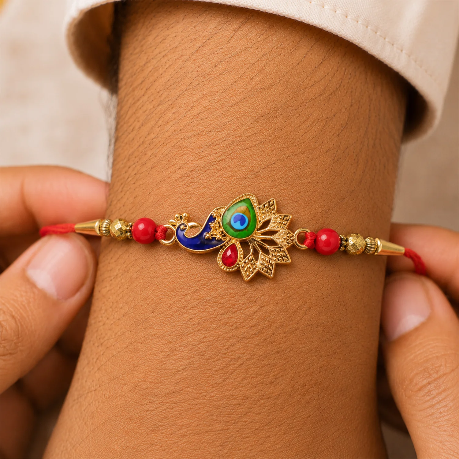 Peacock Rakhi, Vibrant Enamel & Beadwork Design - Image 2