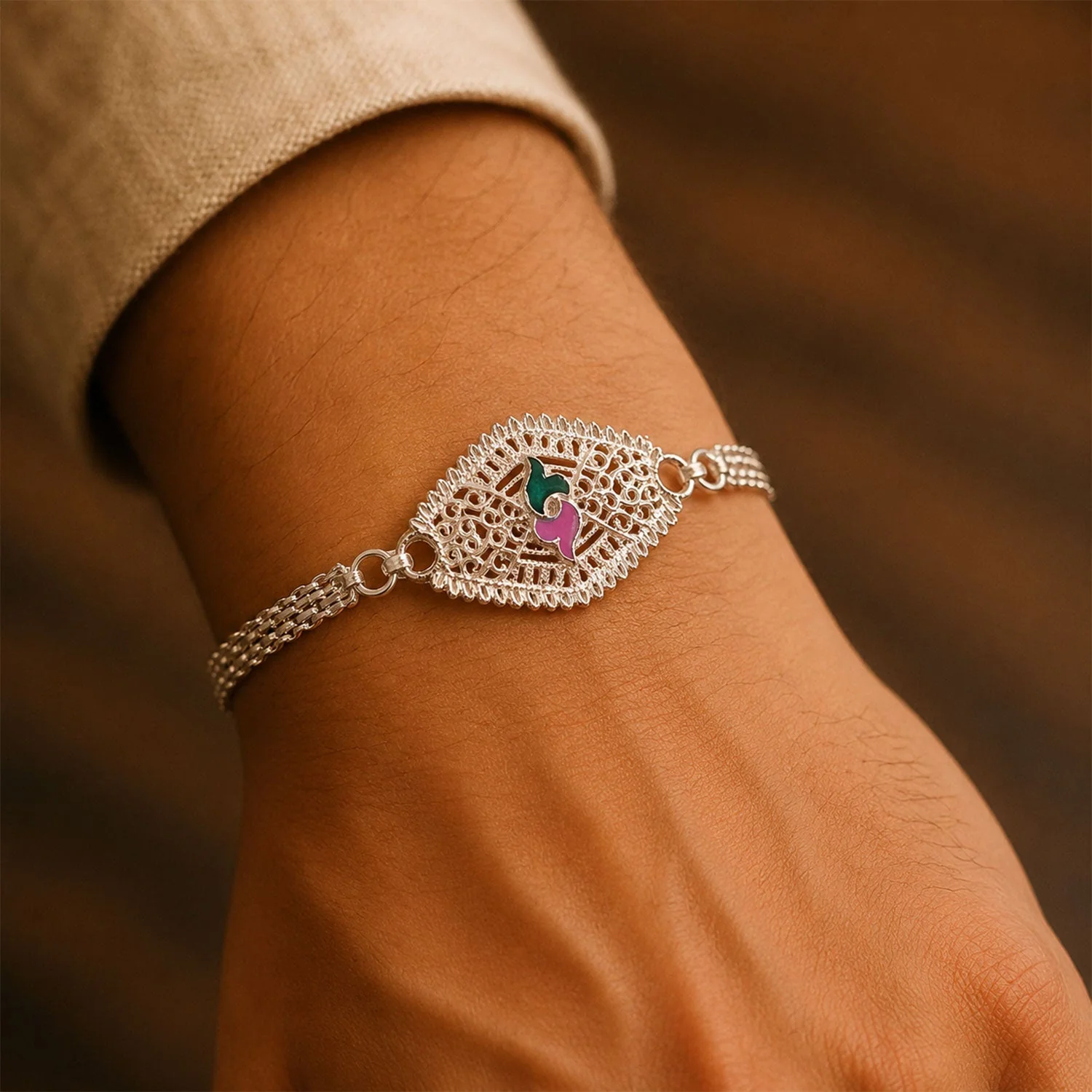 Leaf Motif Stone Studded Designer Chain Rakhi for Brother - Image 3