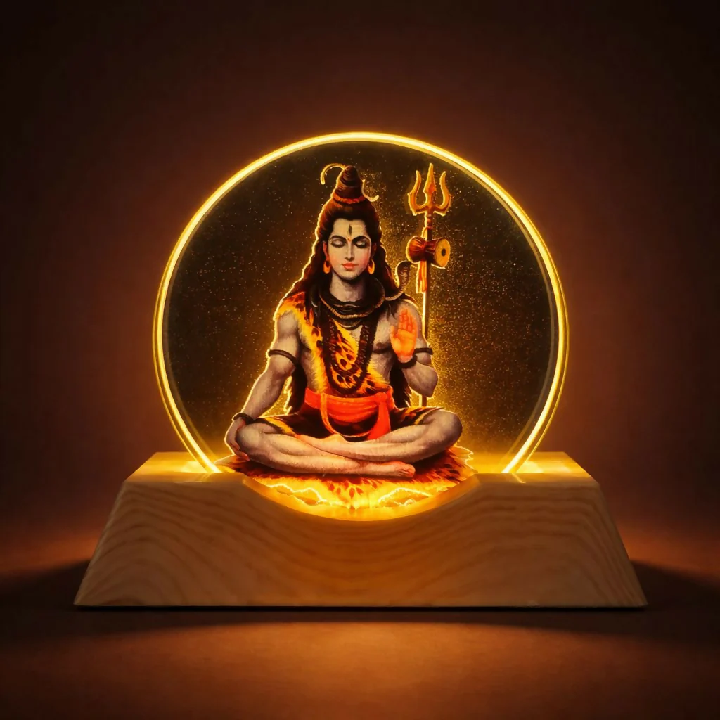 Lord Shiva LED Lamp – Elegant Acrylic Decor with Wooden Base - Image 2