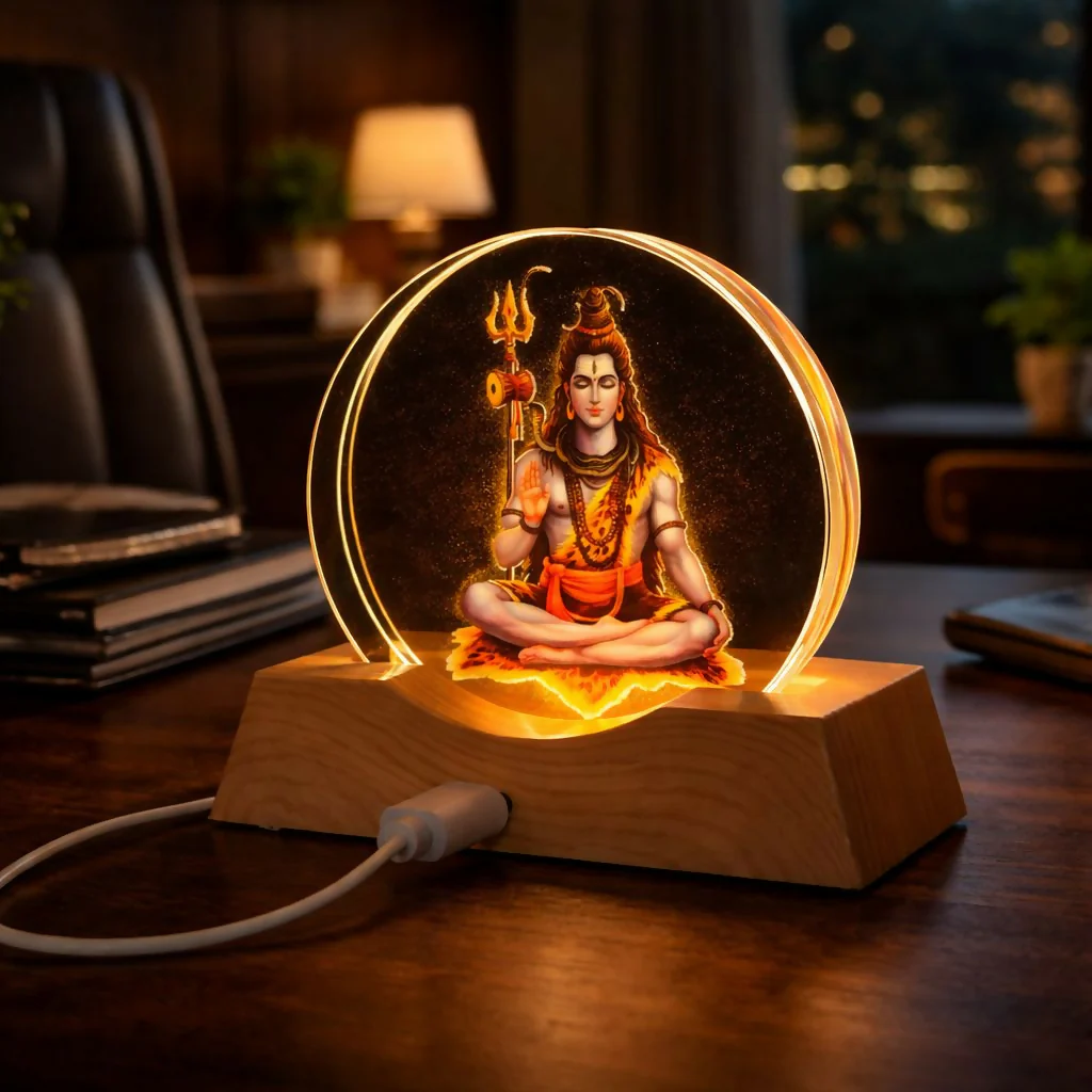 Lord Shiva LED Lamp – Elegant Acrylic Decor with Wooden Base - Image 3