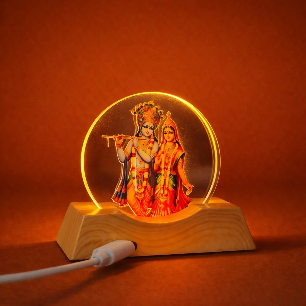 Radha Krishna LED Lamp – Divine Acrylic Decor with Wooden Base - Image 4