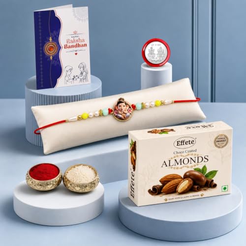 Little Ganesha Rakhi Combo - Raksha Bandhan Gift with Choco Almonds 32gm, Pack of 5 - Image 2