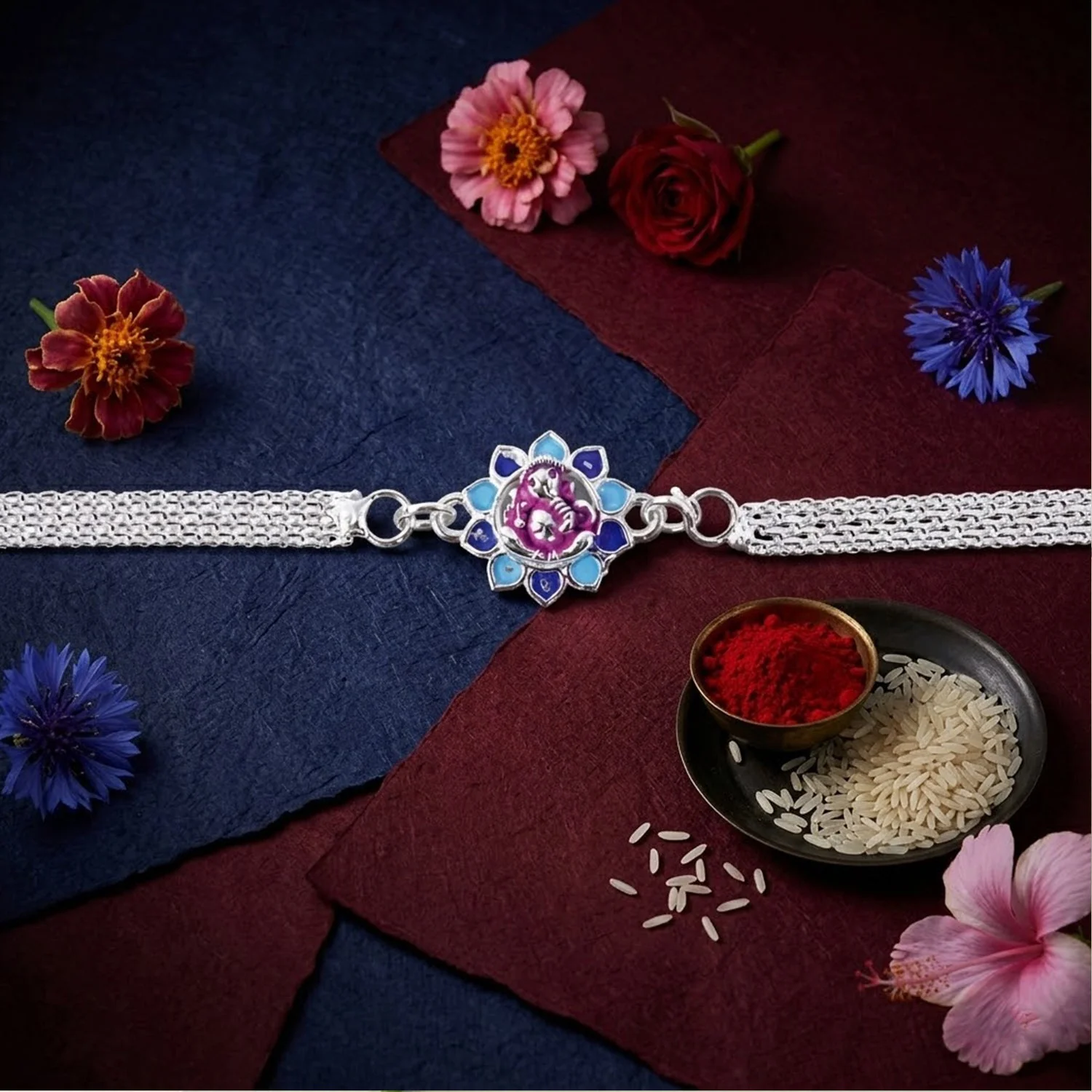 Lord Ganesha Floral Petal Enamel Charm Chain Bracelet Rakhi – Elegant Festive Accessory - Image 3
