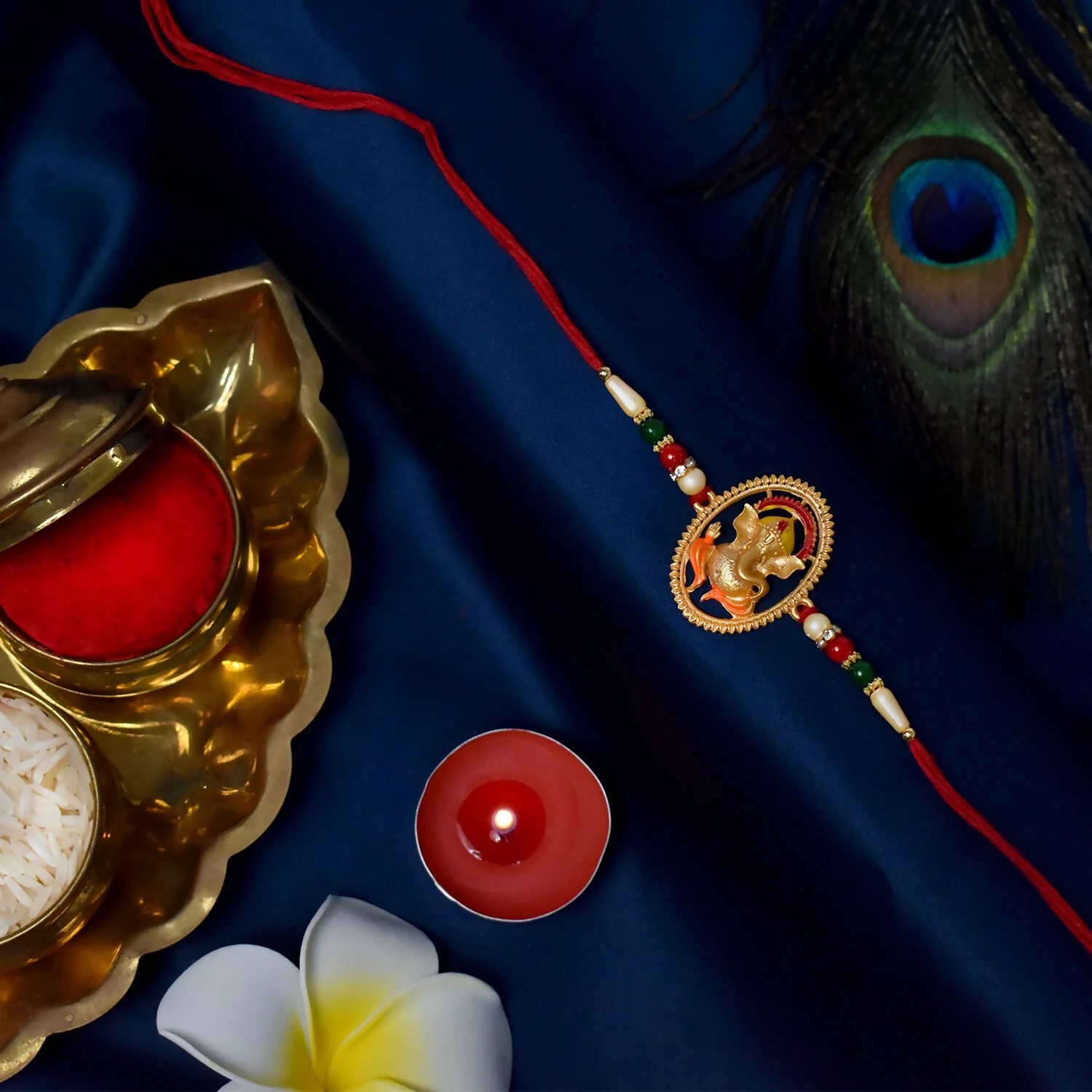 Shop Ganesha Rakhi Golden Oval Medallion Beaded Design - Image 4