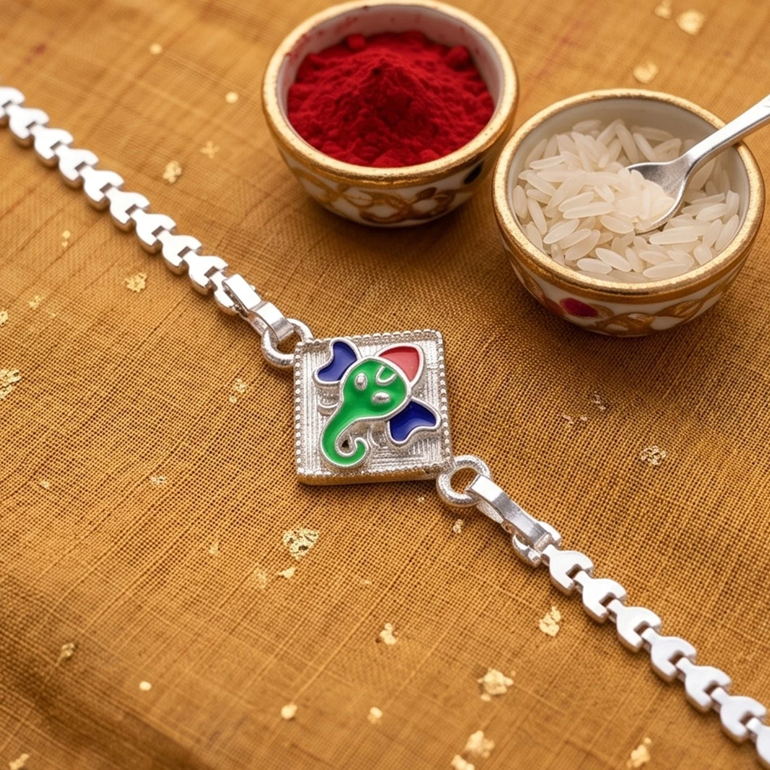 Lord Ganesha Square Meenakari Enamel Chain Rakhi for Brother - Image 3