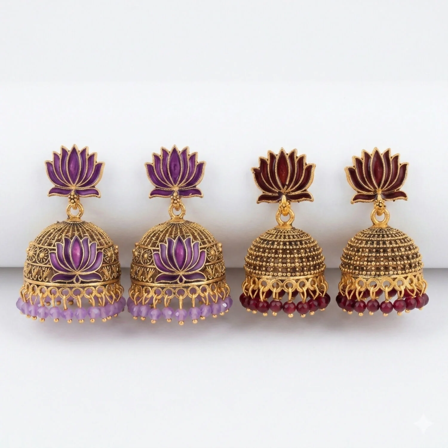 Lotus Meenakari Jhumka Earrings Combo Pack Set of 2 Pairs for Women Plum Maroon - Image 4