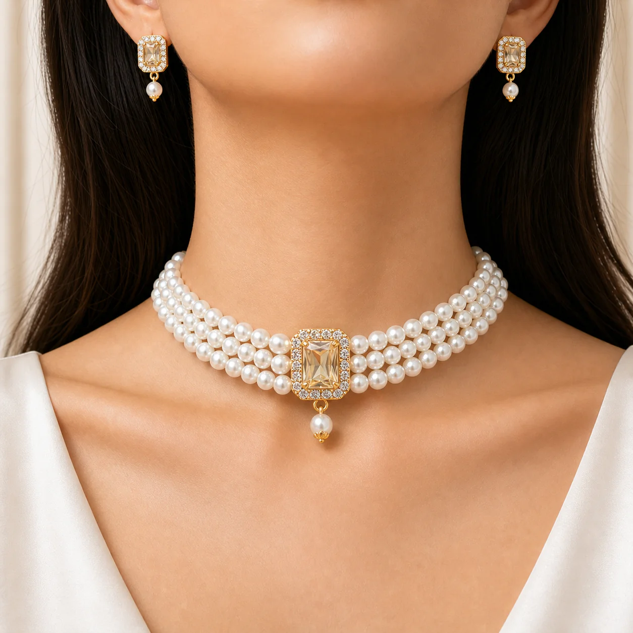 Luxury Pearl Choker Necklace Set with Champagne Crystal Pendant & Stud Earrings - Image 4