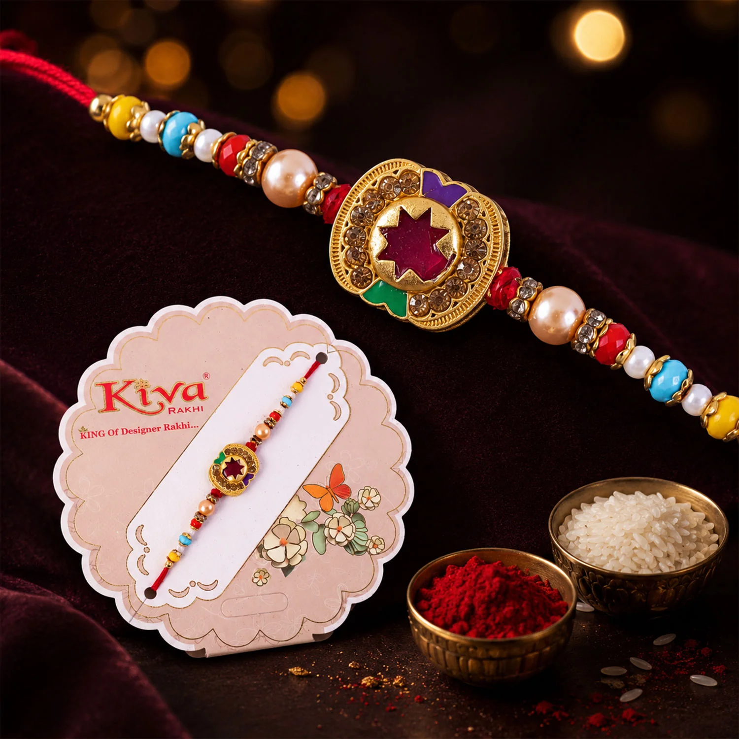Magenta Star Floral Meenakari Rakhi for Brother with Pearl Beads Gift - Image 6