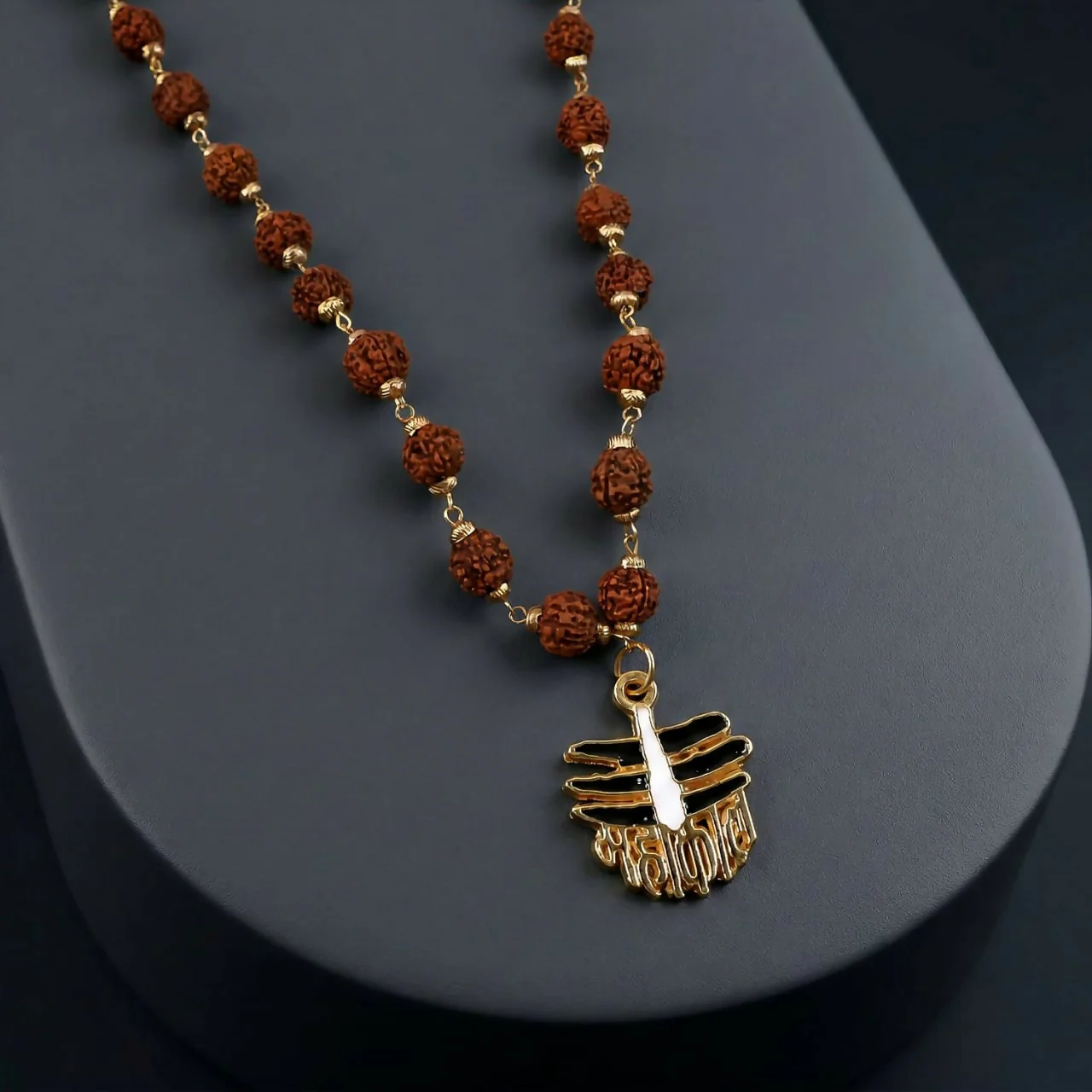 Mahakal Rudraksha Mala – Spiritual Necklace with Gold-Plate Shiv Pendant - Image 2