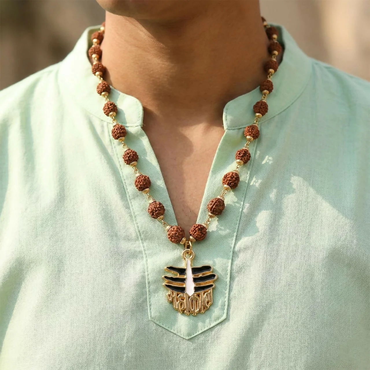 Mahakal Rudraksha Mala – Spiritual Necklace with Gold-Plate Shiv Pendant - Image 3
