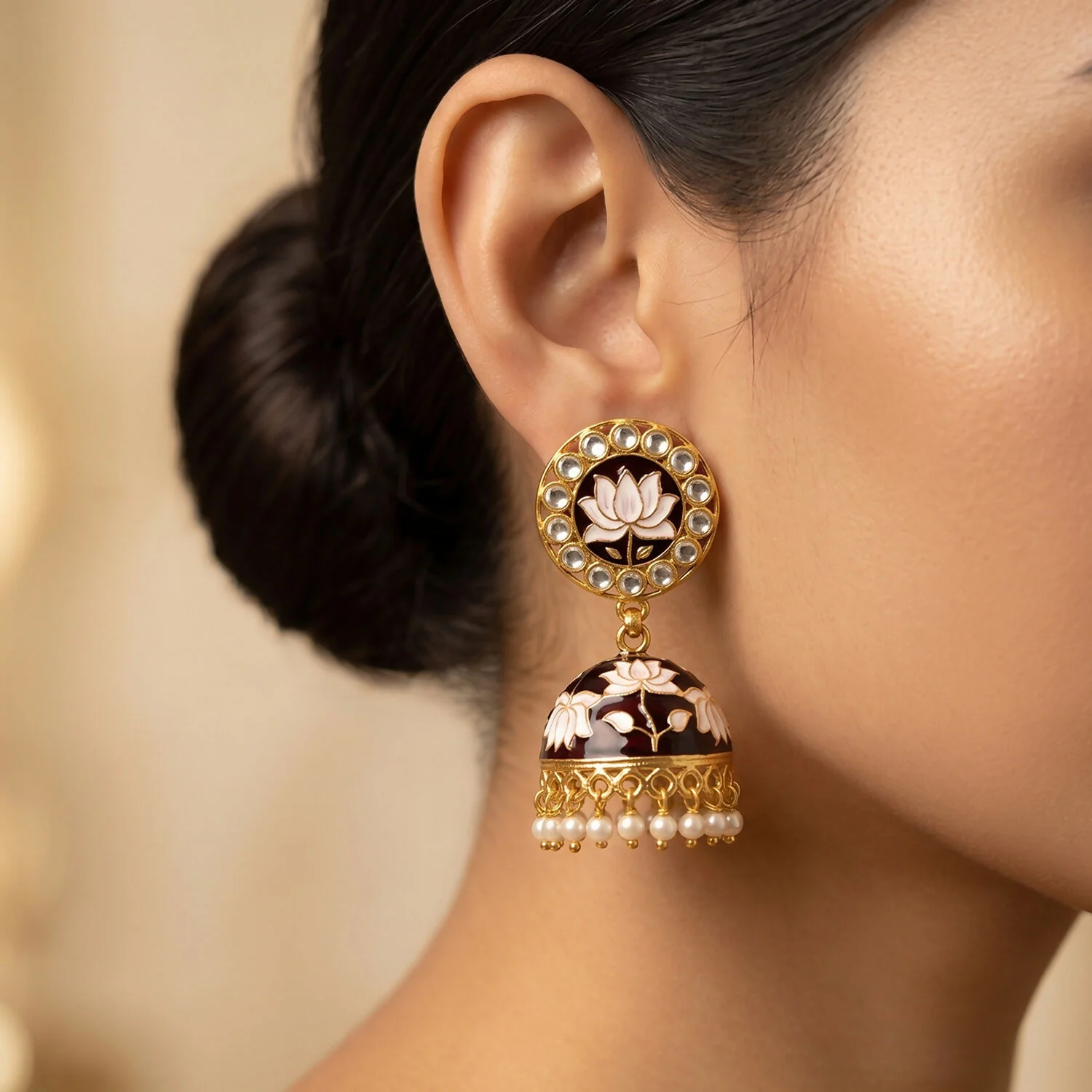 Maroon Lotus Jhumka Earrings – Traditional Ethnic Style with Pearls - Image 3