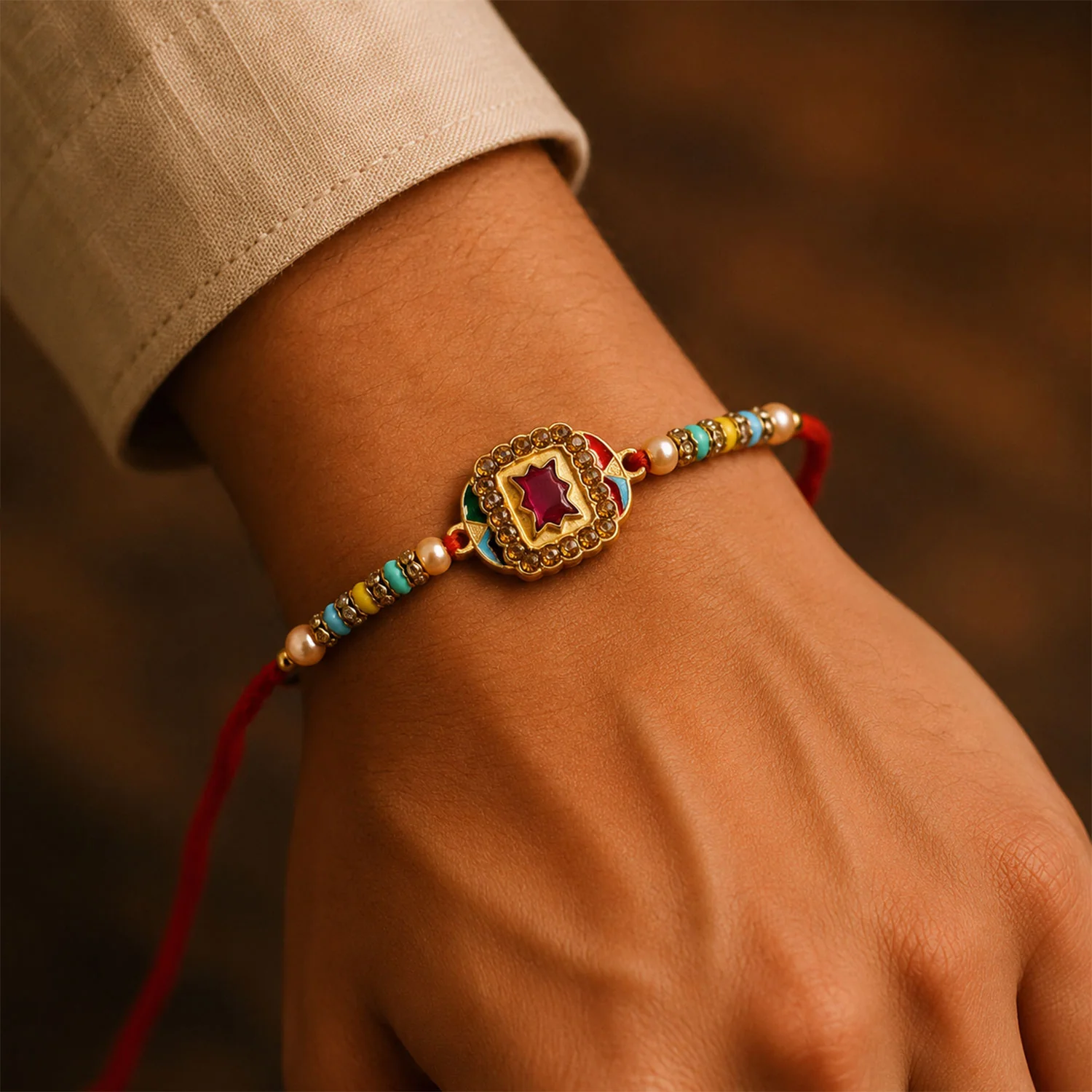 Maroon Stone Gold Kundan Border Designer Rakhi for Brother with Beads - Image 4