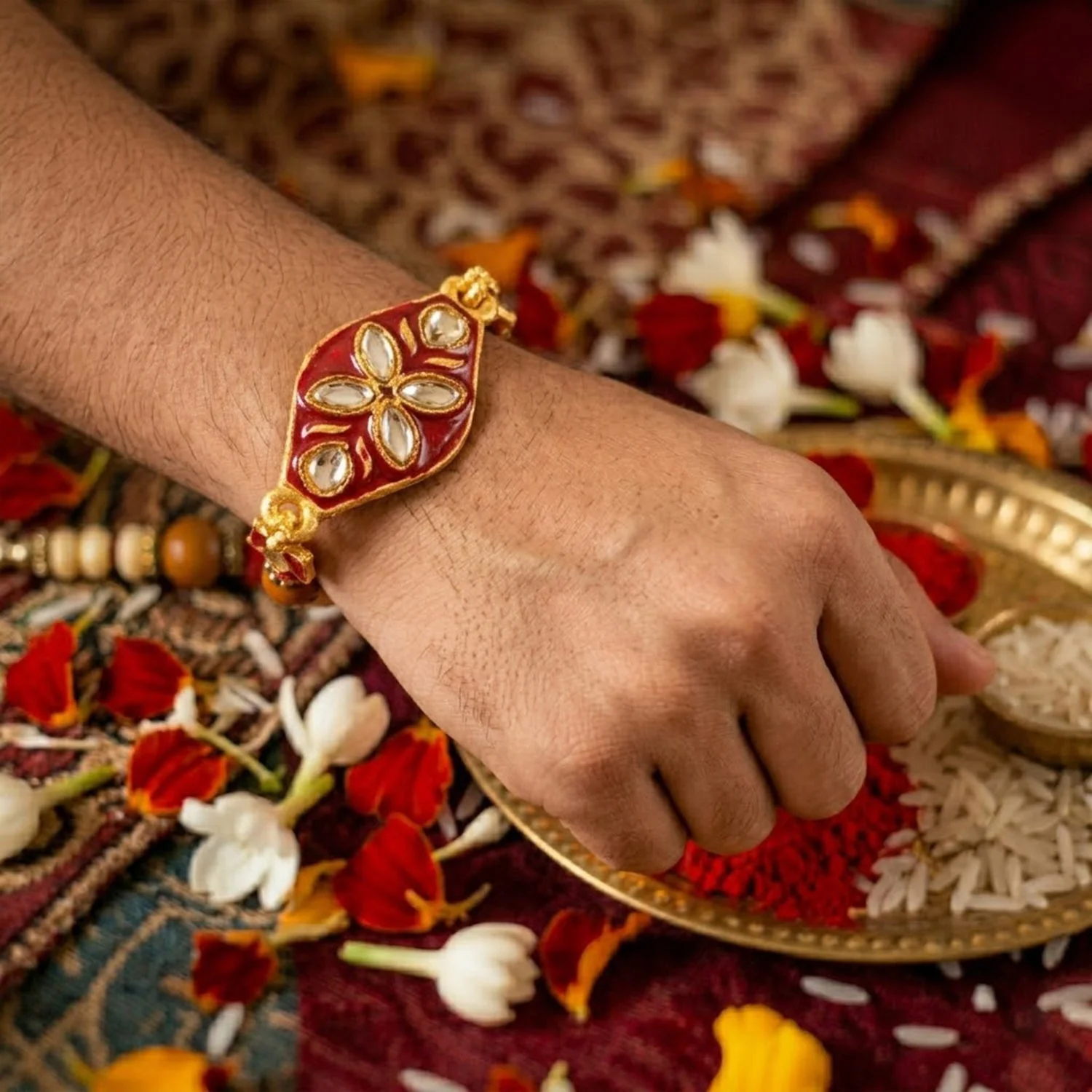 Premium Kundan Rakhi for Brother – Floral Enamel Wooden Pearl Bead Design - Image 2