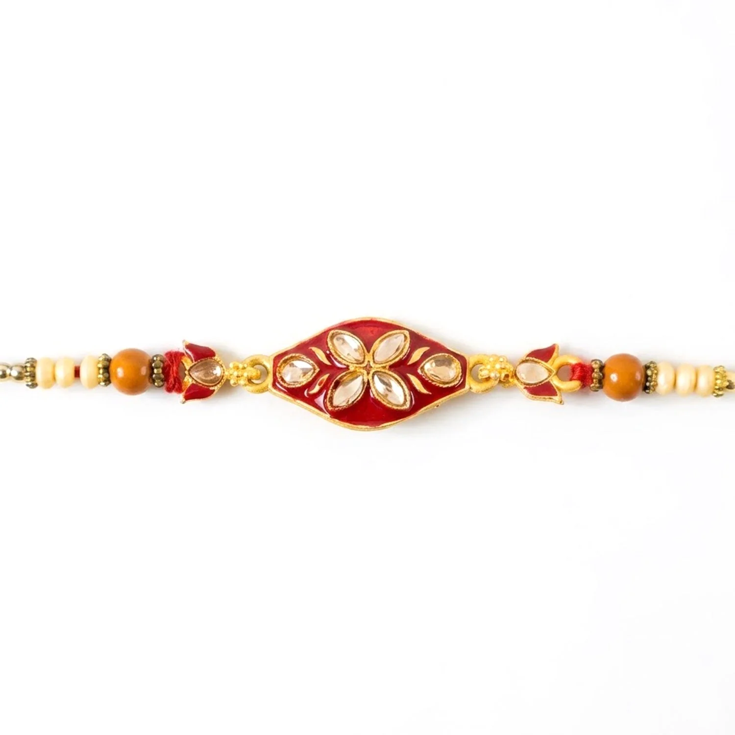 Premium Kundan Rakhi for Brother – Floral Enamel Wooden Pearl Bead Design - Image 5