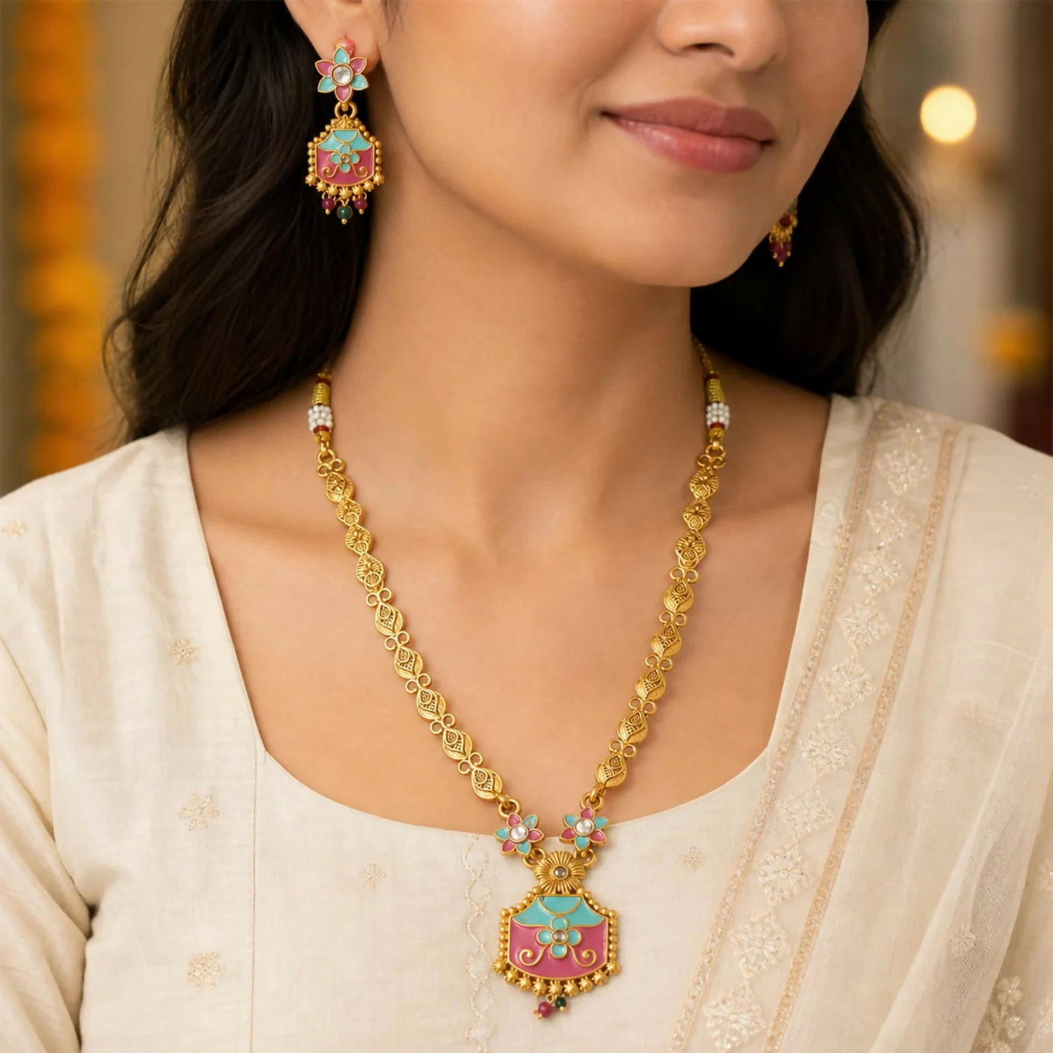 Pastel Meenakari Pendant Necklace Set – Elegant Festive Accessory - Image 2
