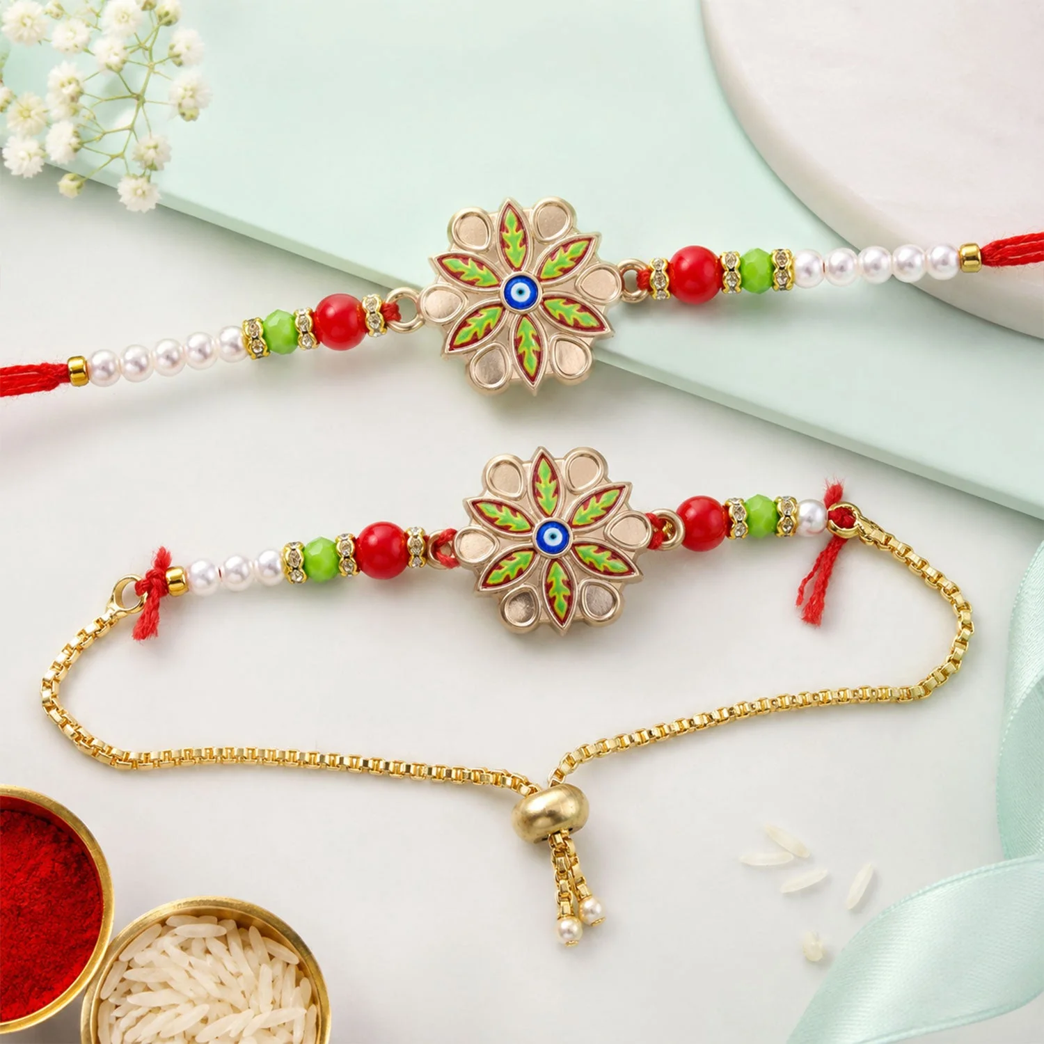 Premium Meenakari Floral Evil Eye bhabhi Lumba Rakhi – Beautiful & Traditional Gift - Image 4