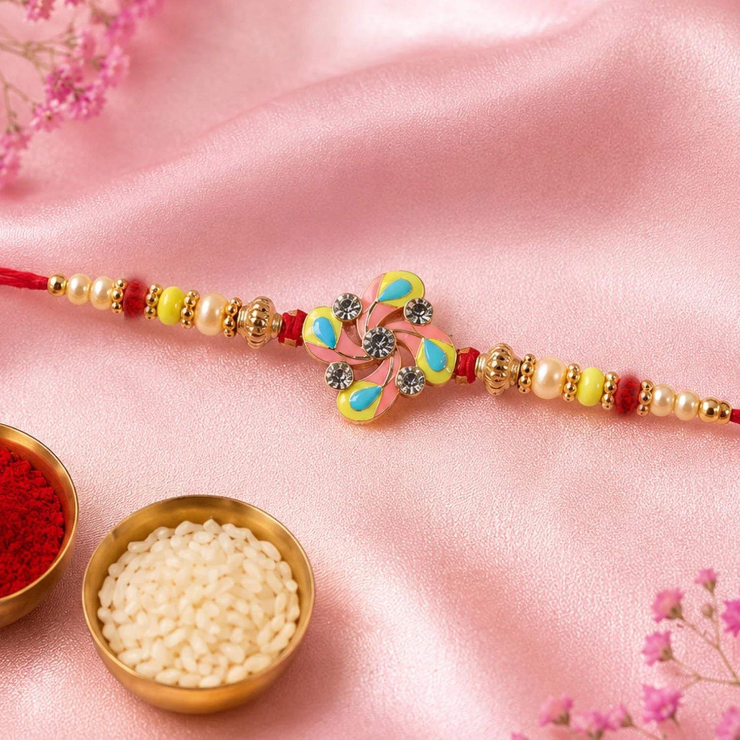 Meenakari Pinwheel Floral Crystal Stone Rakhi for Brother - Image 4