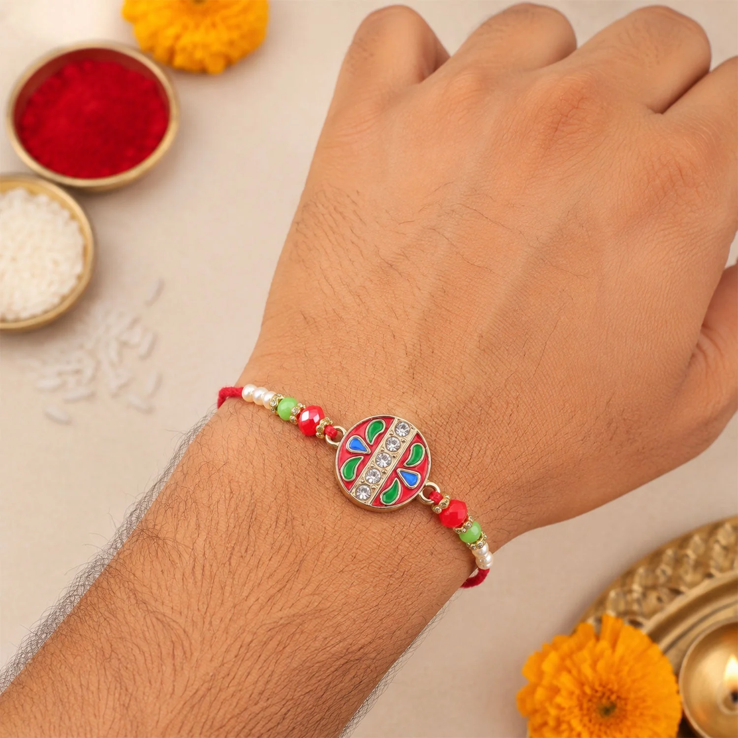 Premium Meenakari Stone Studded Pearl Lumba Bhaiya Bhabhi Rakhi Set - Image 6