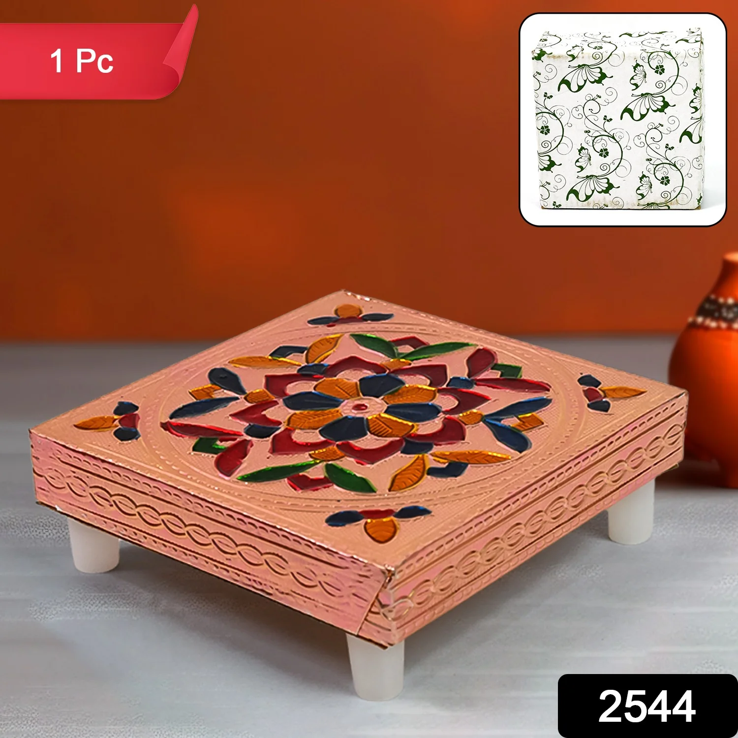 Meenakari Puja Chowki – Handcrafted Wooden Bajot Set | VoltDesk - Image 2