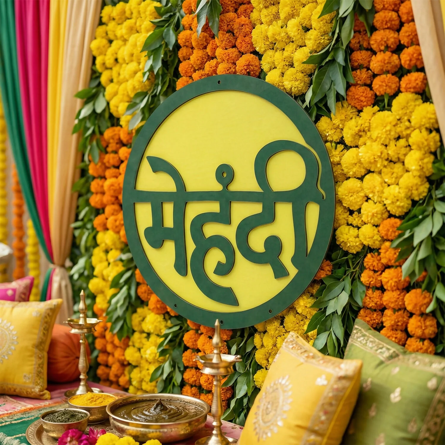 Mehendi Ceremony Wall Hanging – Green & Yellow Hindi Decor
