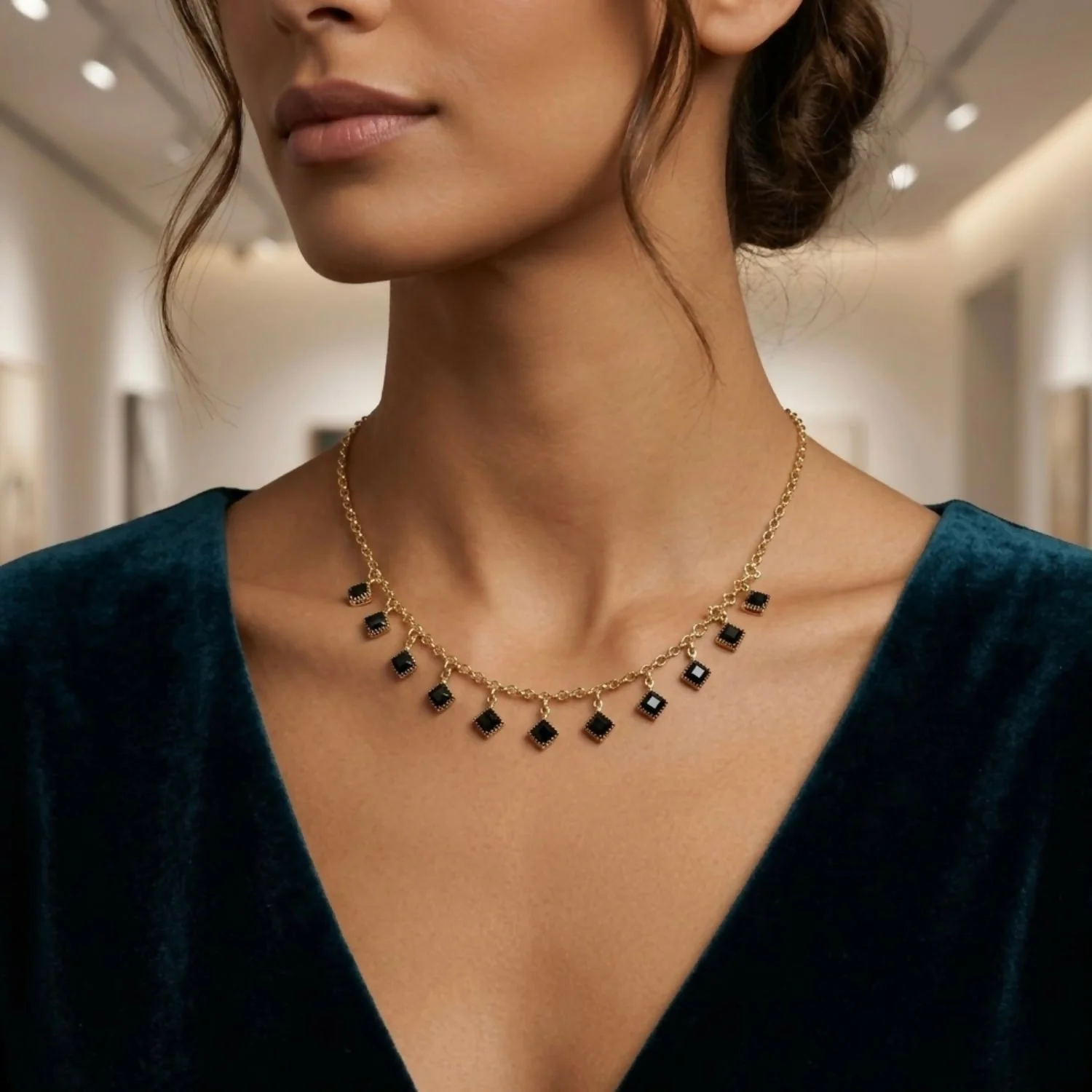Midnight Black Crystal Charm Necklace – Elegant Minimalist Design