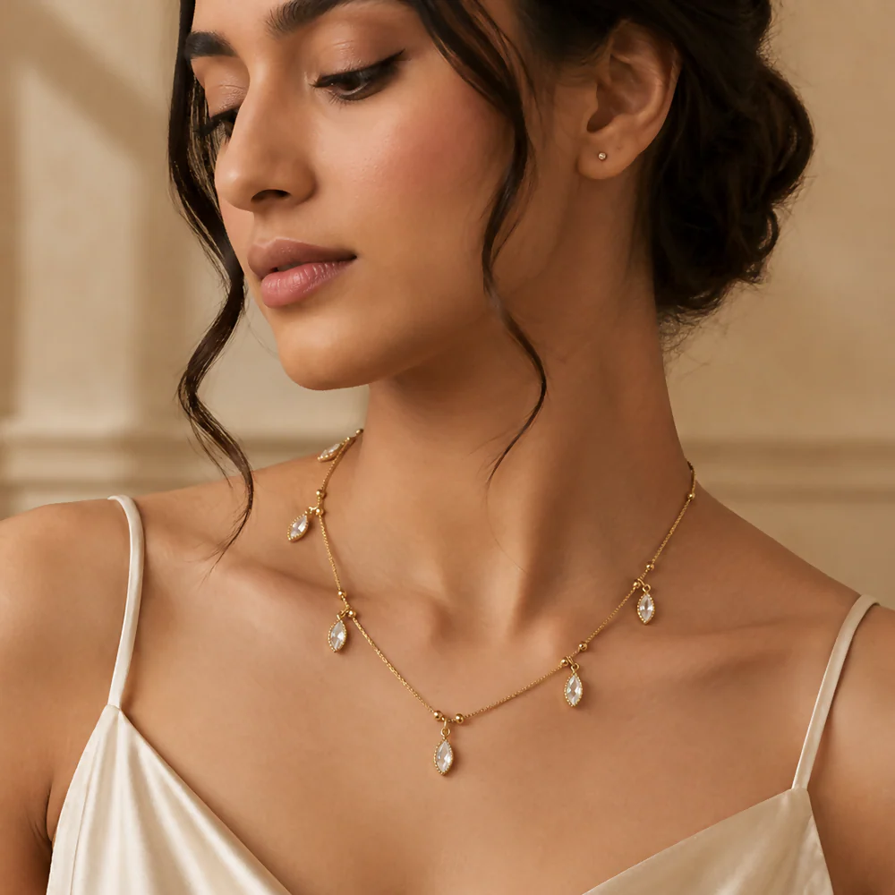 Minimalist Gold Necklace with Clear Faceted Teardrop Gemstone Pendants - Image 2