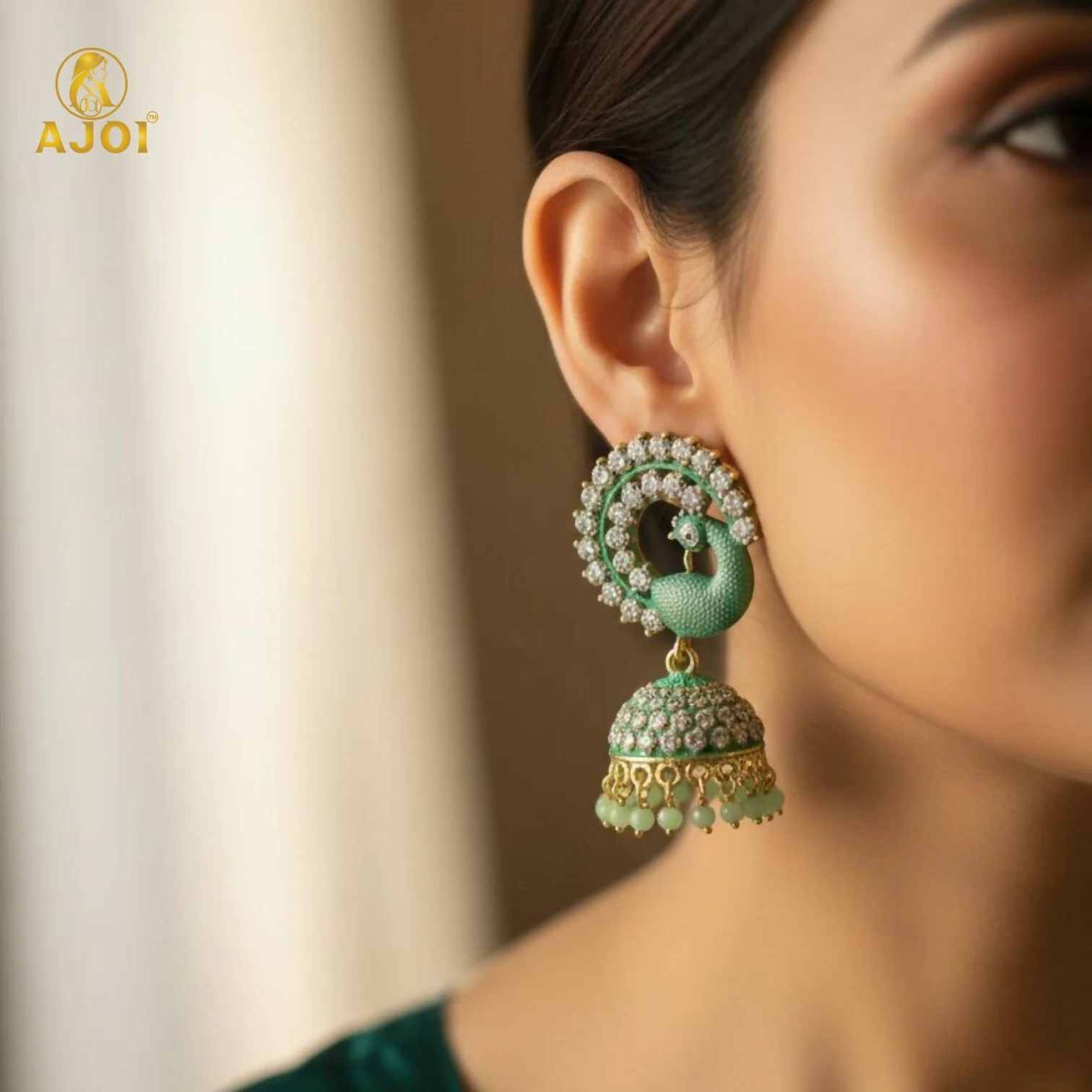 Peacock Stone Jhumka Earrings – Elegant Mint Green Festive Jewelry - Image 2