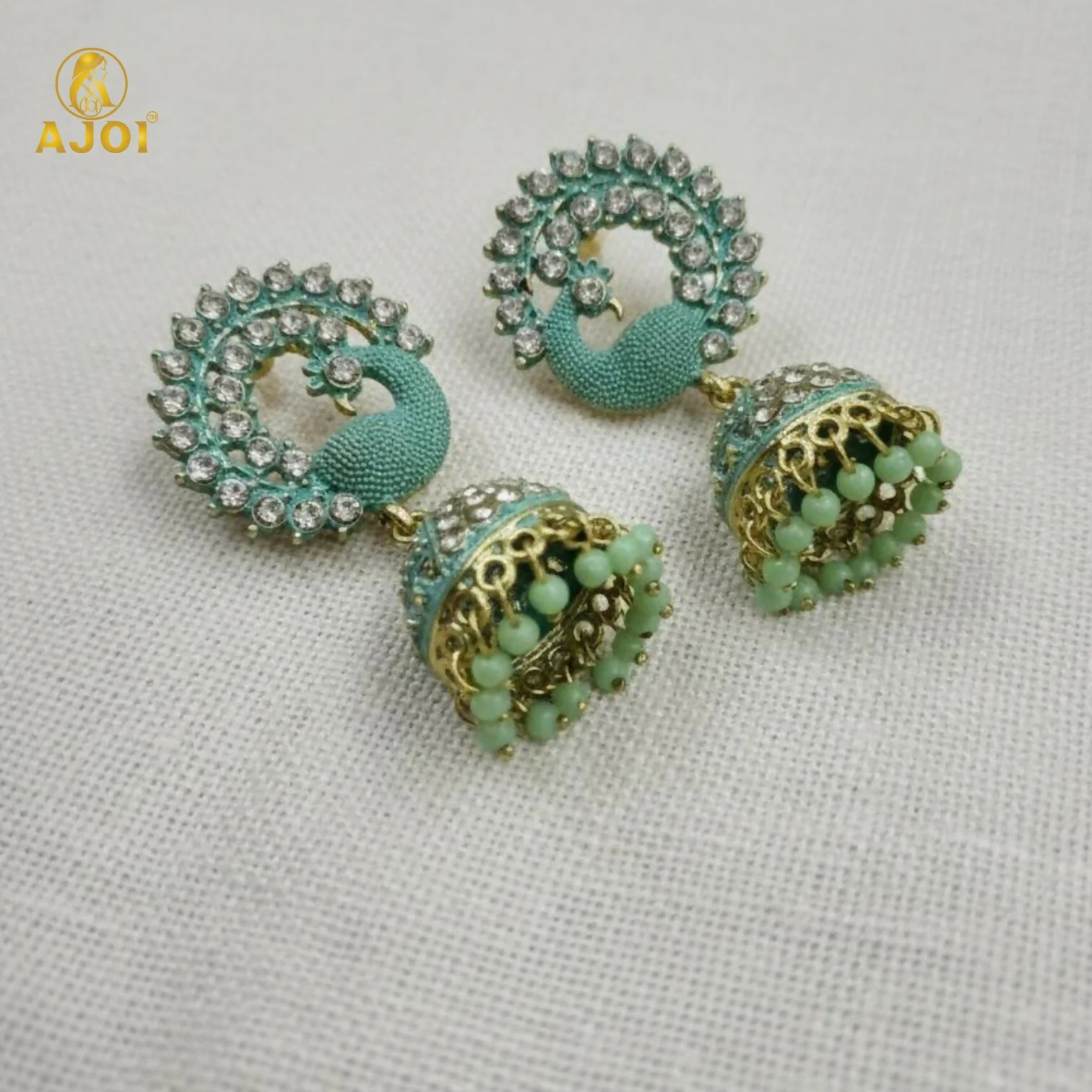 Peacock Stone Jhumka Earrings – Elegant Mint Green Festive Jewelry - Image 4