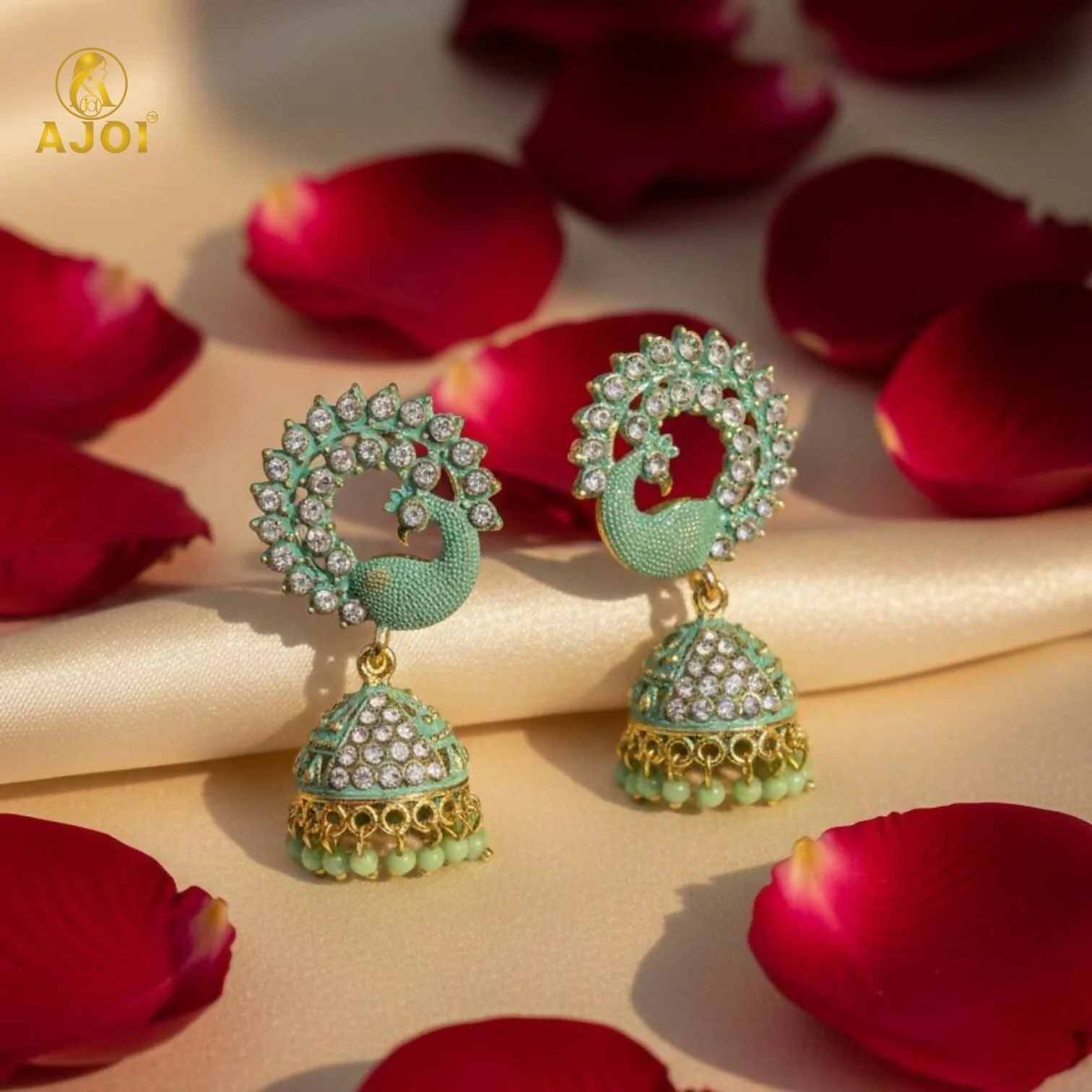 Peacock Stone Jhumka Earrings – Elegant Mint Green Festive Jewelry - Image 7