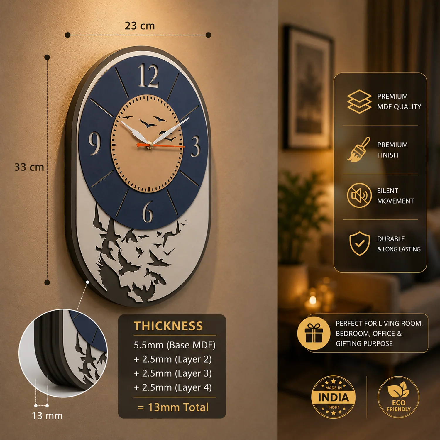 Modern Bird Design Layered MDF Wall Clock Elegant Silent Décor Living - Image 8