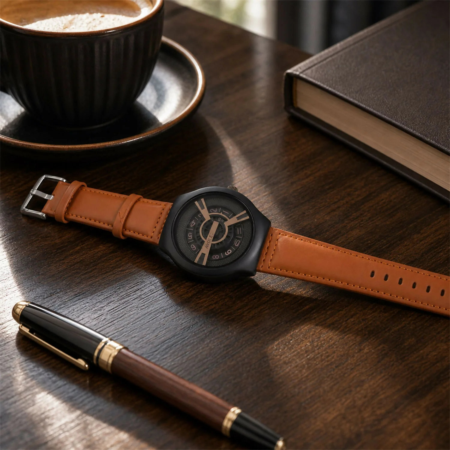 Black Round Dial Watch – Elegant Design with Tan Leather Strap - Image 5