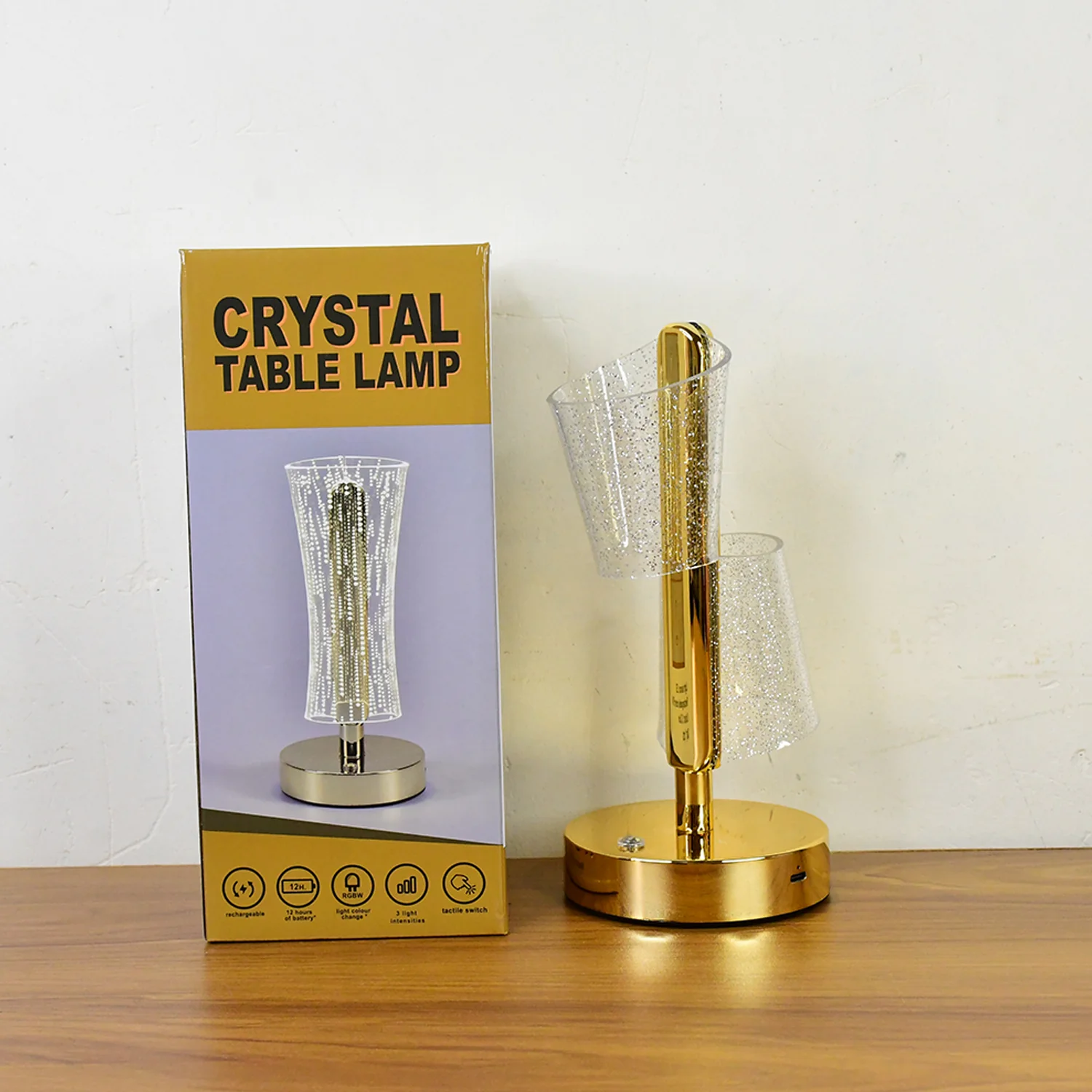 Crystal LED Double Shade Table Lamp – Elegant Golden Base Lighting - Image 9