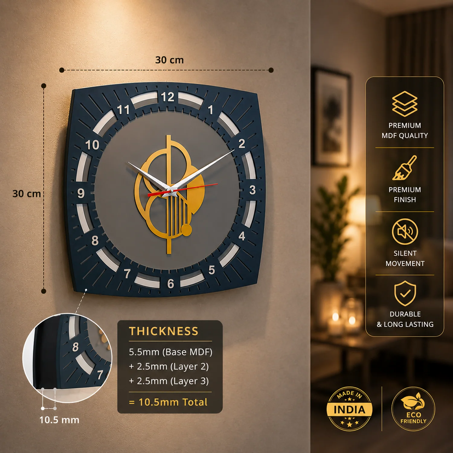 Modern Rounded Square Designer MDF Wall Clock Luxury Décor for Living - Image 6