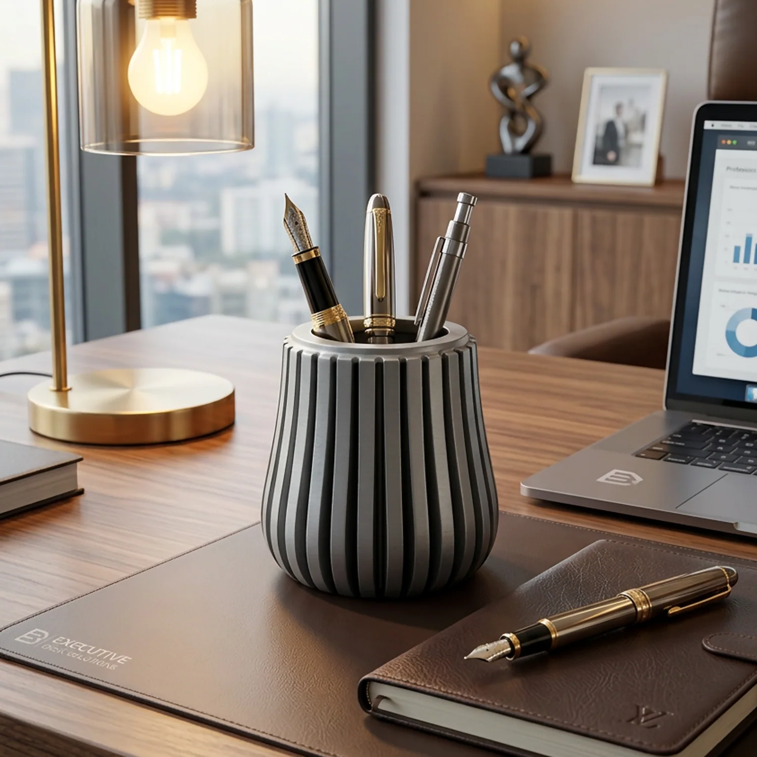 Wooden Pen Holder – Modern Grey MDF Desk Organizer for Office - Image 2