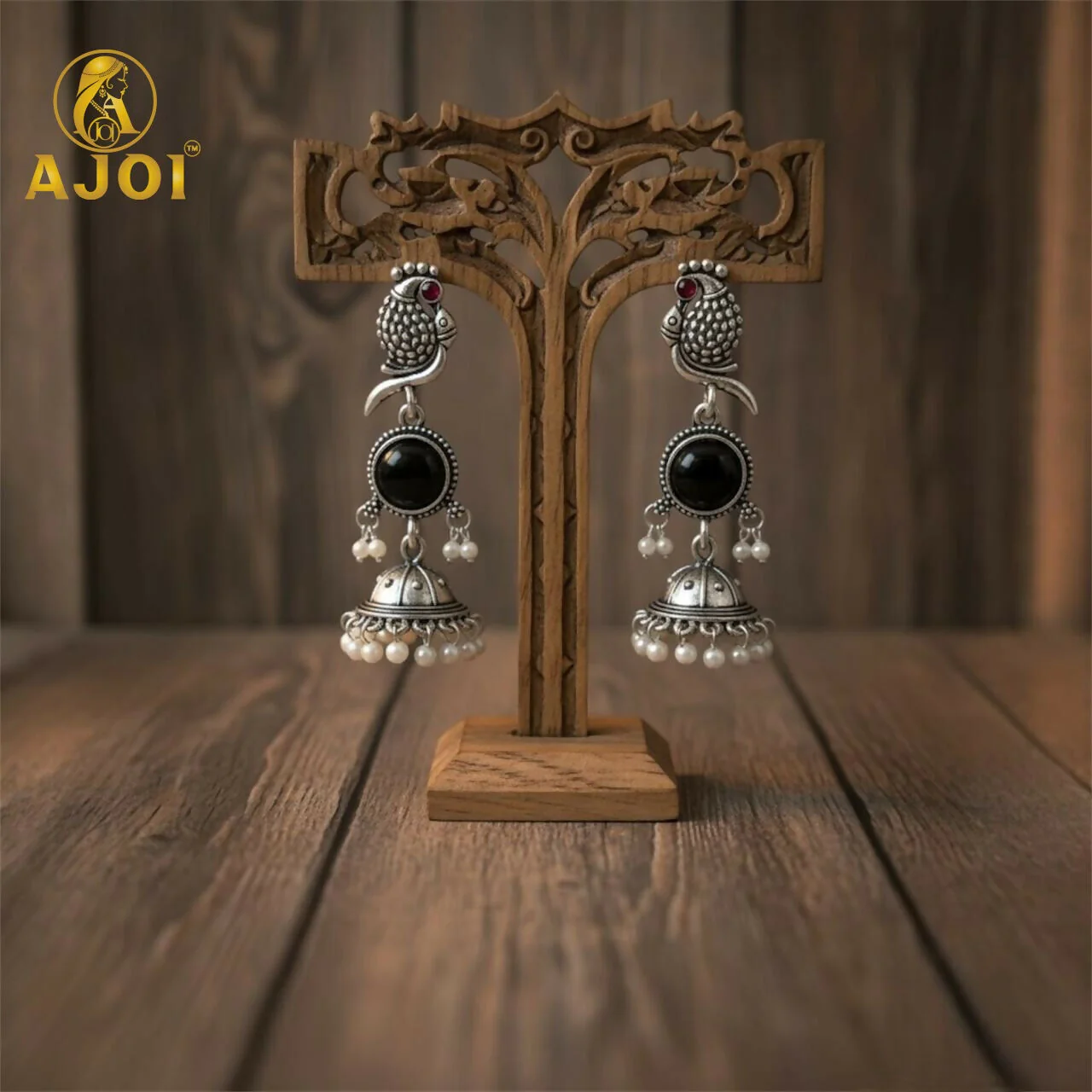 Peacock Earrings – Black Stone Jhumka in Oxidized Silver - Image 3