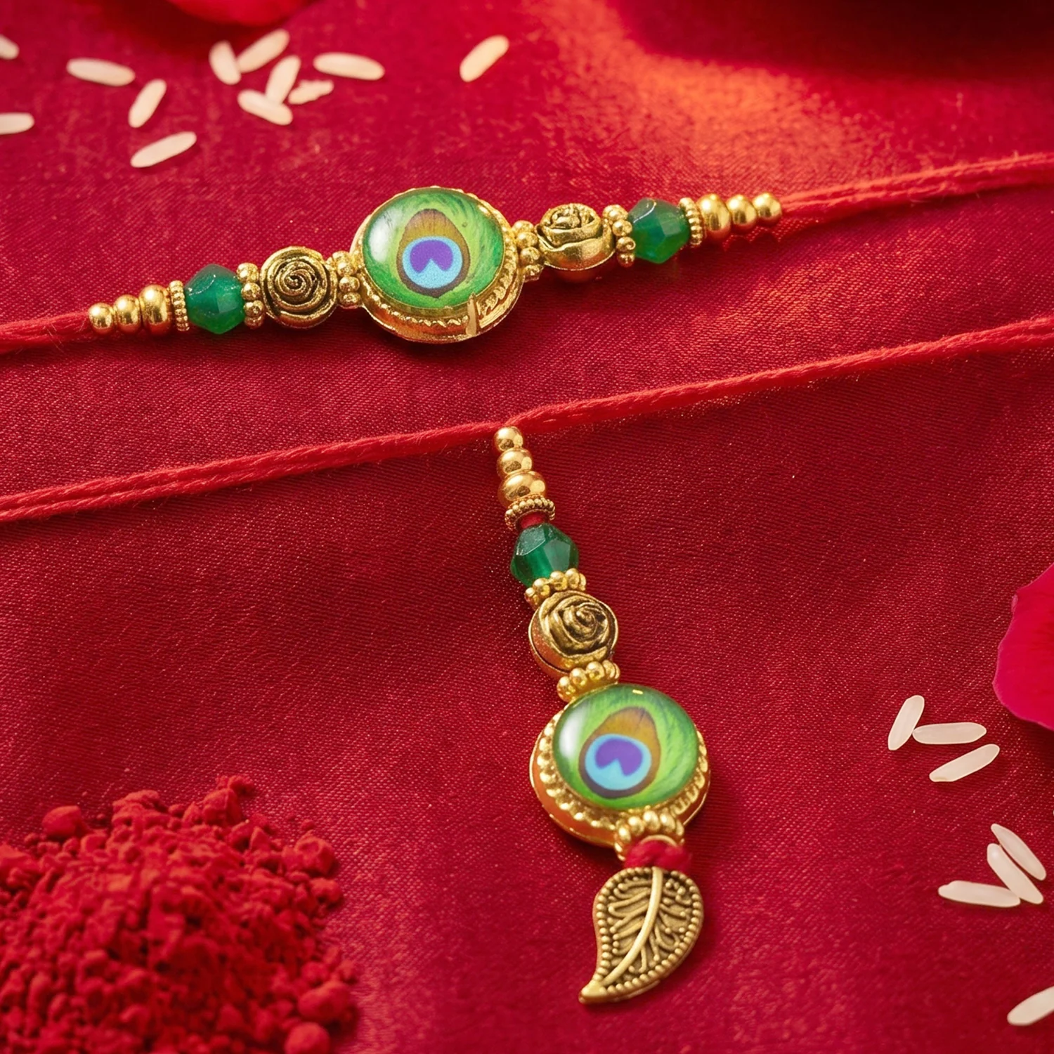 Bhaiya Bhabhi Lumba Rakhi – Elegant green beads with gold charm - Image 4