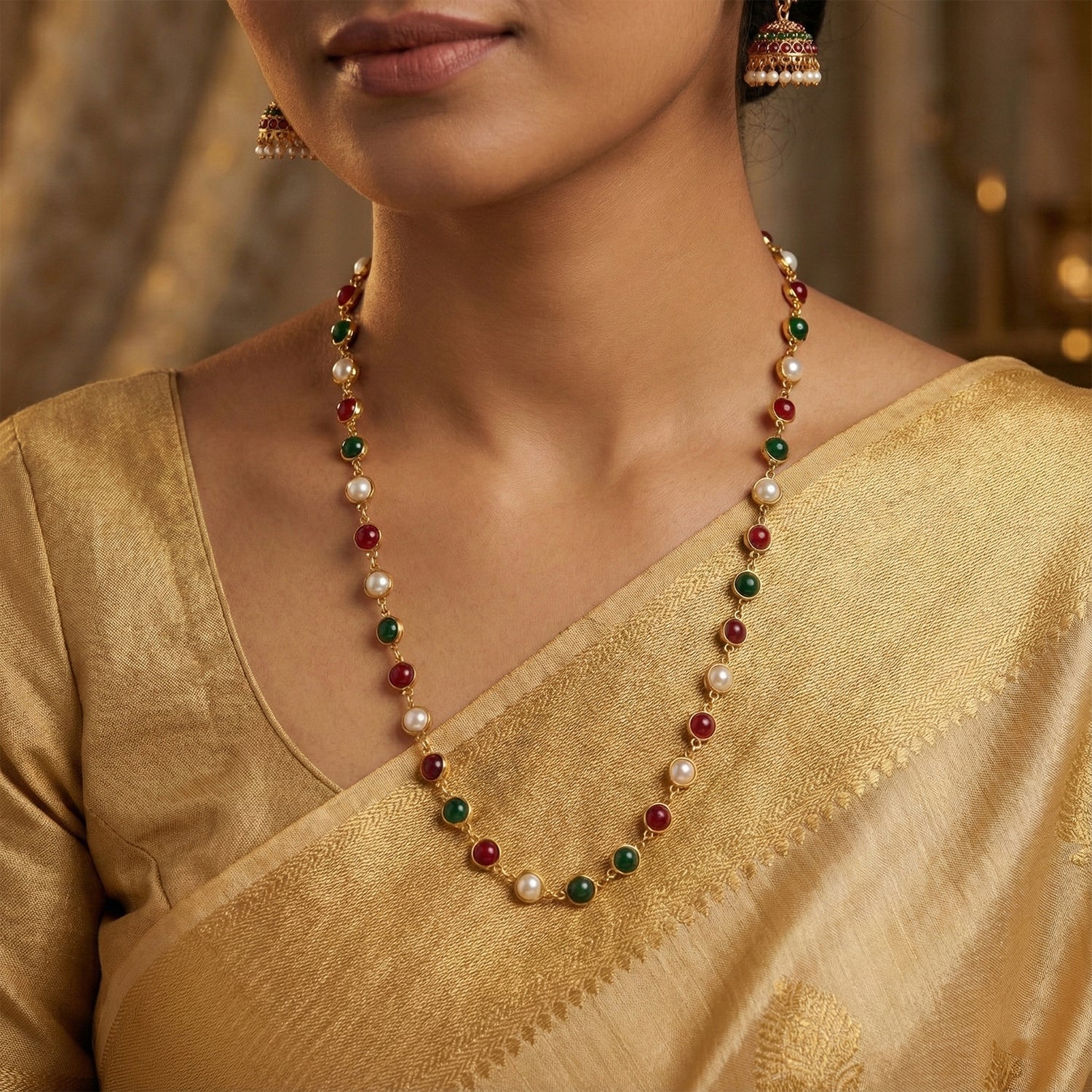 Multicolor Beaded Pearl Necklace – Elegant Red & Green Stone Accent - Image 2